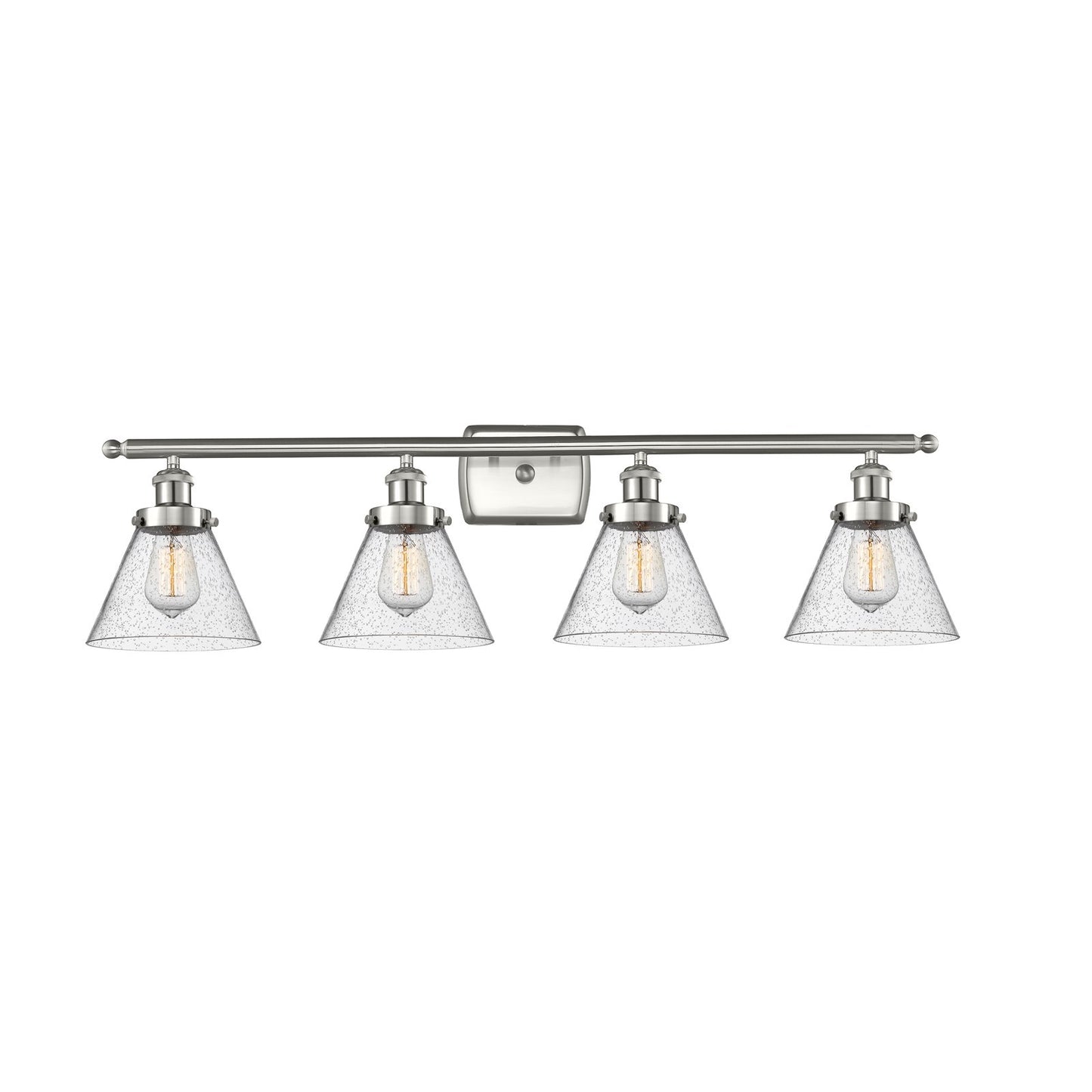 Innovations Cone 38in 4-Light Bath Vanity Light | Industrial Brushed Satin Nickel and Seedy Glass | Bathroom Vanity | Model 916-4W-SN-G44