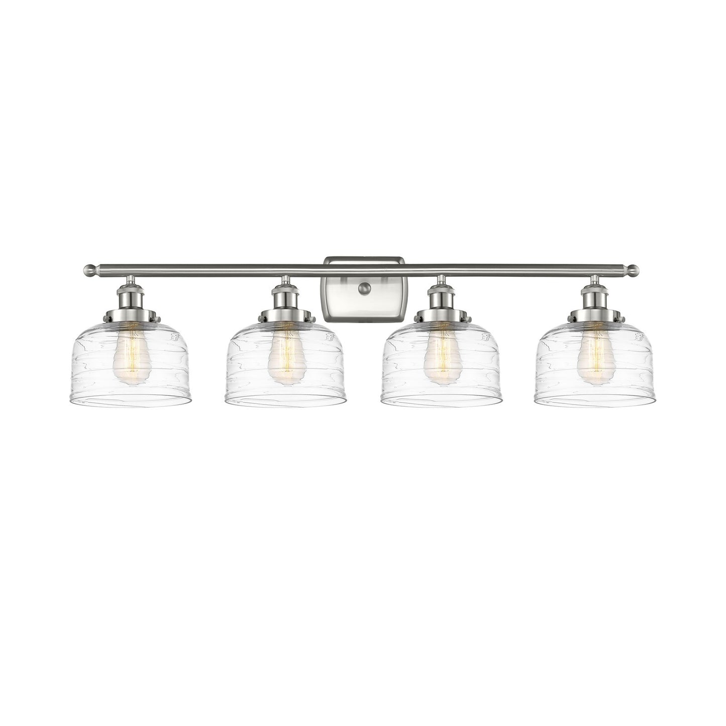 Innovations Bell 38in 4-Light Bath Vanity Light | Industrial Brushed Satin Nickel and Clear Deco Swirl Glass | Bathroom Vanity | Model 916-4W-SN-G713