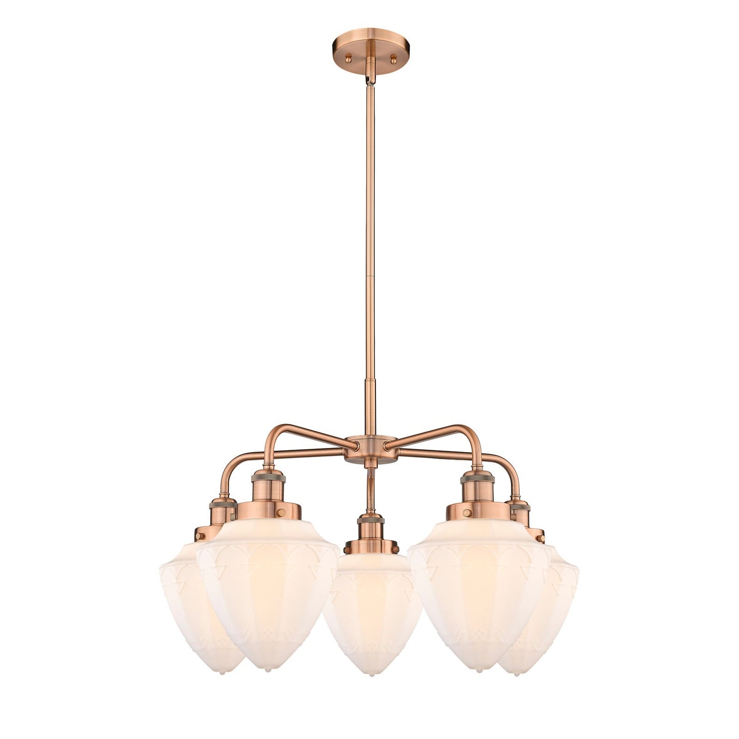 Innovations Bullet 25.5in 5-Light Chandelier | Industrial Antique Copper and Matte White Frosted Glass | Damp Rated Kitchen & | Model 916-5CR-AC-G661-7