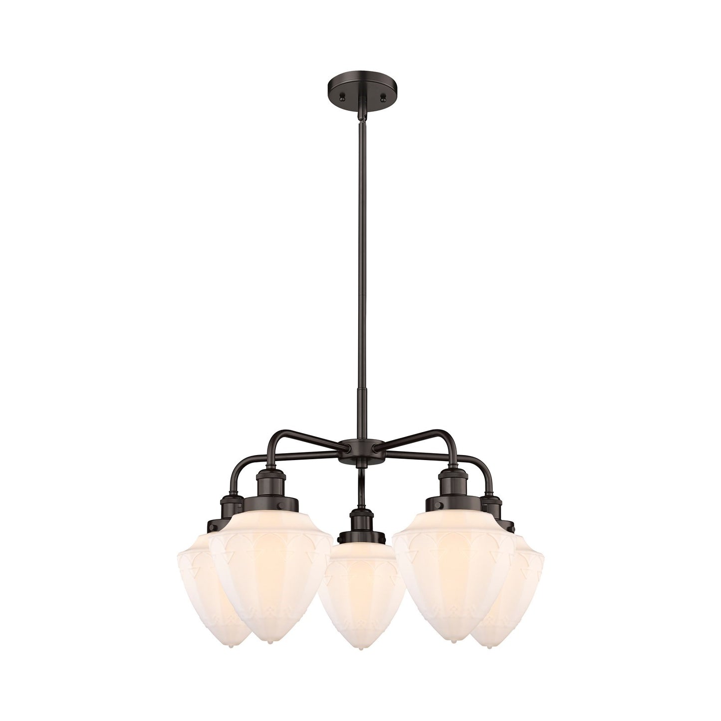 Innovations Bullet 25.5in 5-Light Chandelier | Industrial Oil Rubbed Bronze and Matte White Frosted Glass | Dining Room & | Model 916-5CR-OB-G661-7