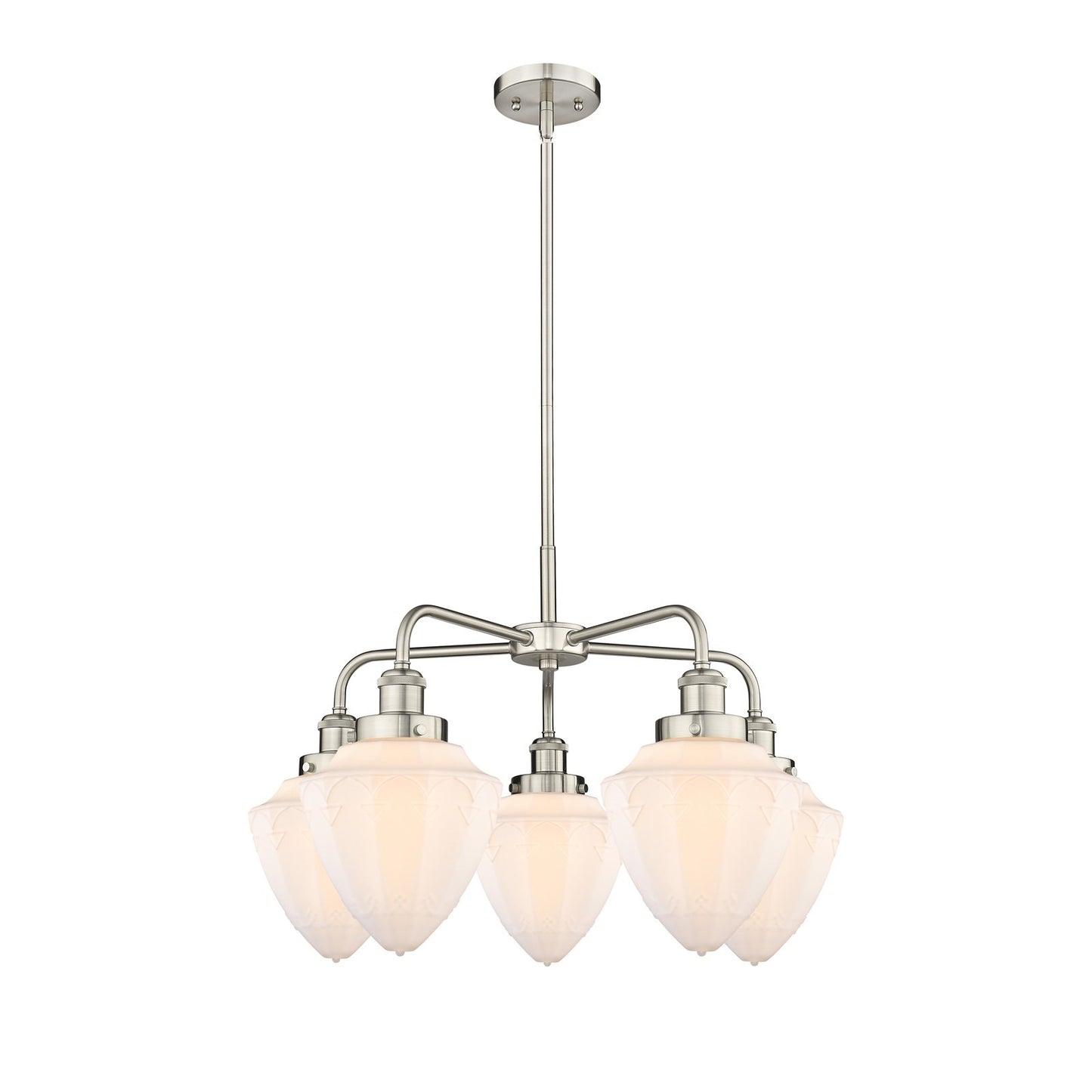 Innovations Bullet 26in 5-Light Chandelier | Industrial Satin Nickel Steel and Matte White Frosted Glass | Kitchen Island & | Model 916-5CR-SN-G661-7