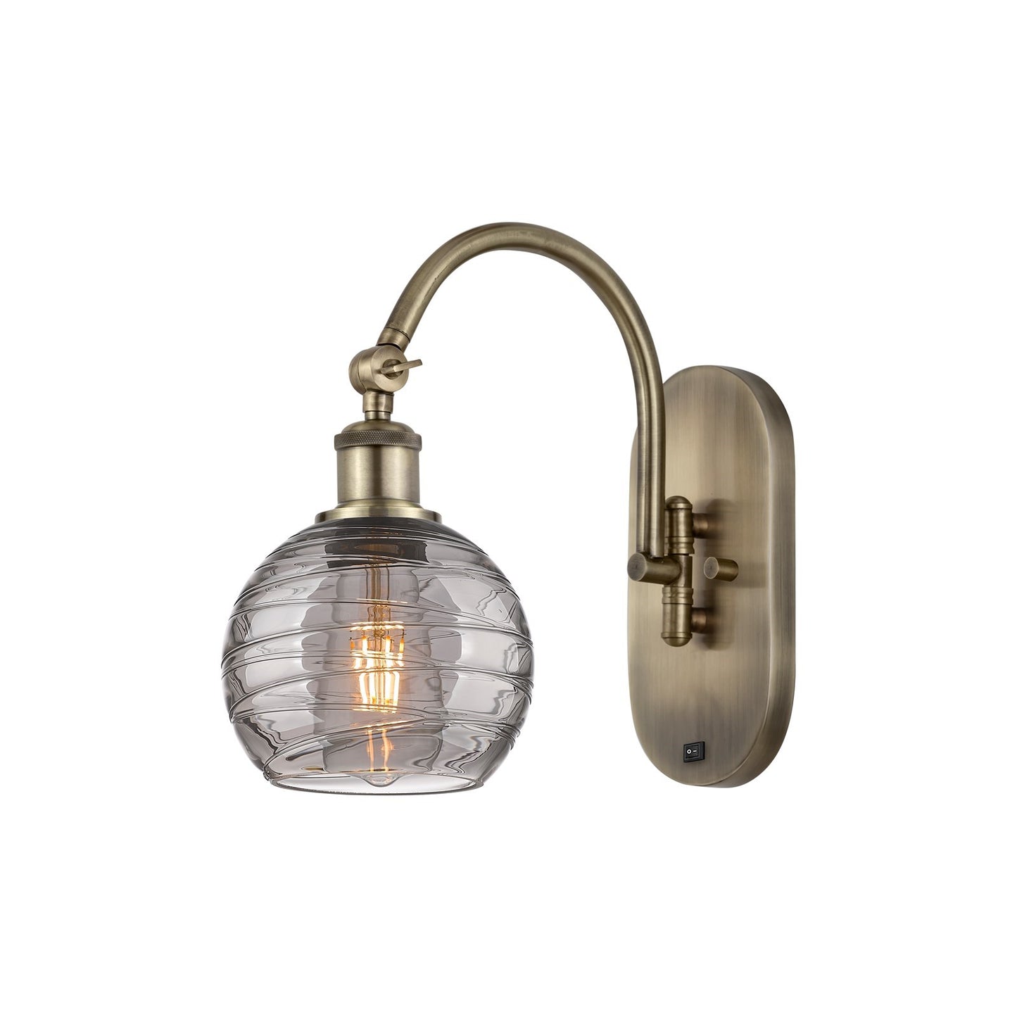 Innovations Athens Deco Swirl 6in 1-Light Wall Sconce | Industrial Antique Brass and Light Smoke Deco Swirl Glass | Bedroom & | Model 918-1W-AB-G1213-6SM