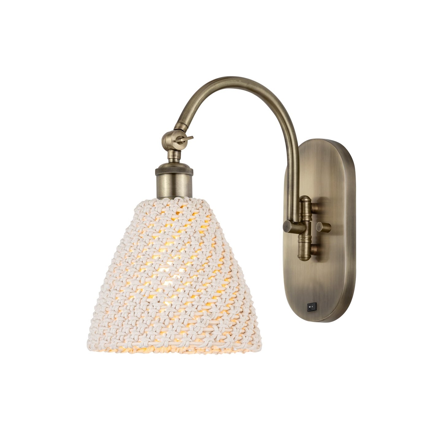 Innovations Bristol Natural 7.5in 1-Light Wall Sconce | Industrial Antique Brass Steel and Natural Fiber Dome Shade | Bedroom | Model 918-1W-AB-NBD-75-NAT