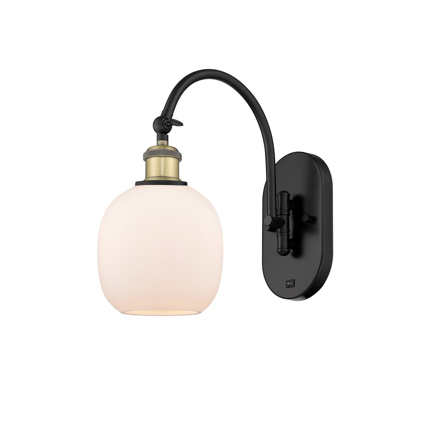 Innovations Belfast 6in 1-Light Wall Sconce | Industrial Black Antique Brass and Matte White Globe Glass | Kitchen & Hallway | Model 918-1W-BAB-G101