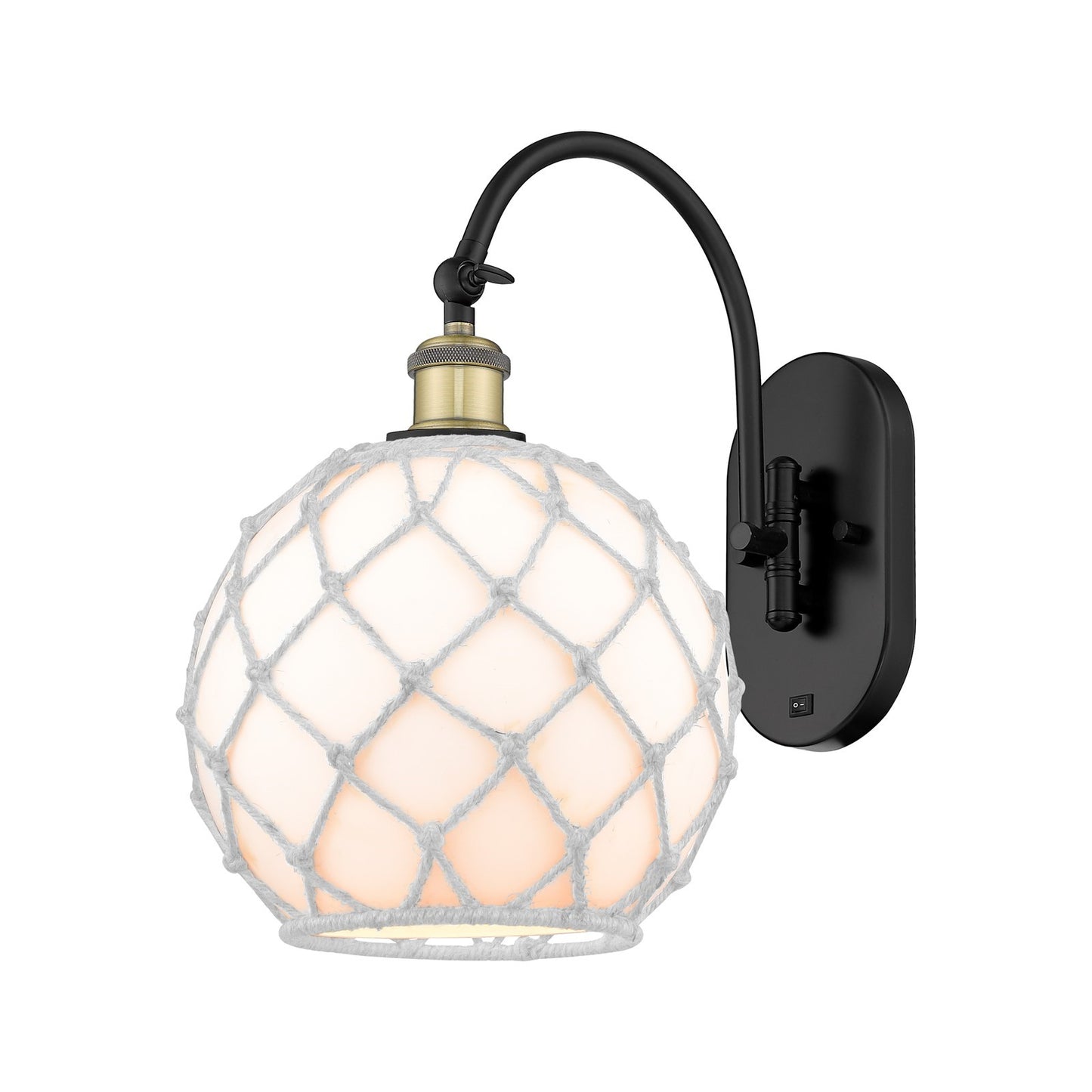 Innovations Farmhouse Rope 10in 1-Light Wall Sconce | Industrial Black Antique Brass and White Glass with White Rope | Model 918-1W-BAB-G121-10RW