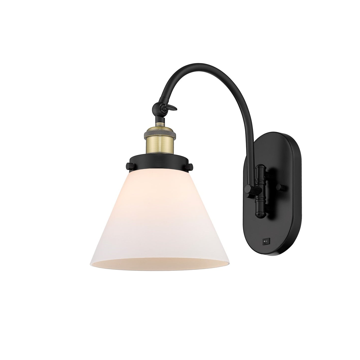 Innovations Cone 8in 1-Light Swing Arm Lamp | Industrial Black Antique Brass Steel and Matte White Frosted Glass | Bedroom & | Model 918-1W-BAB-G41-LED