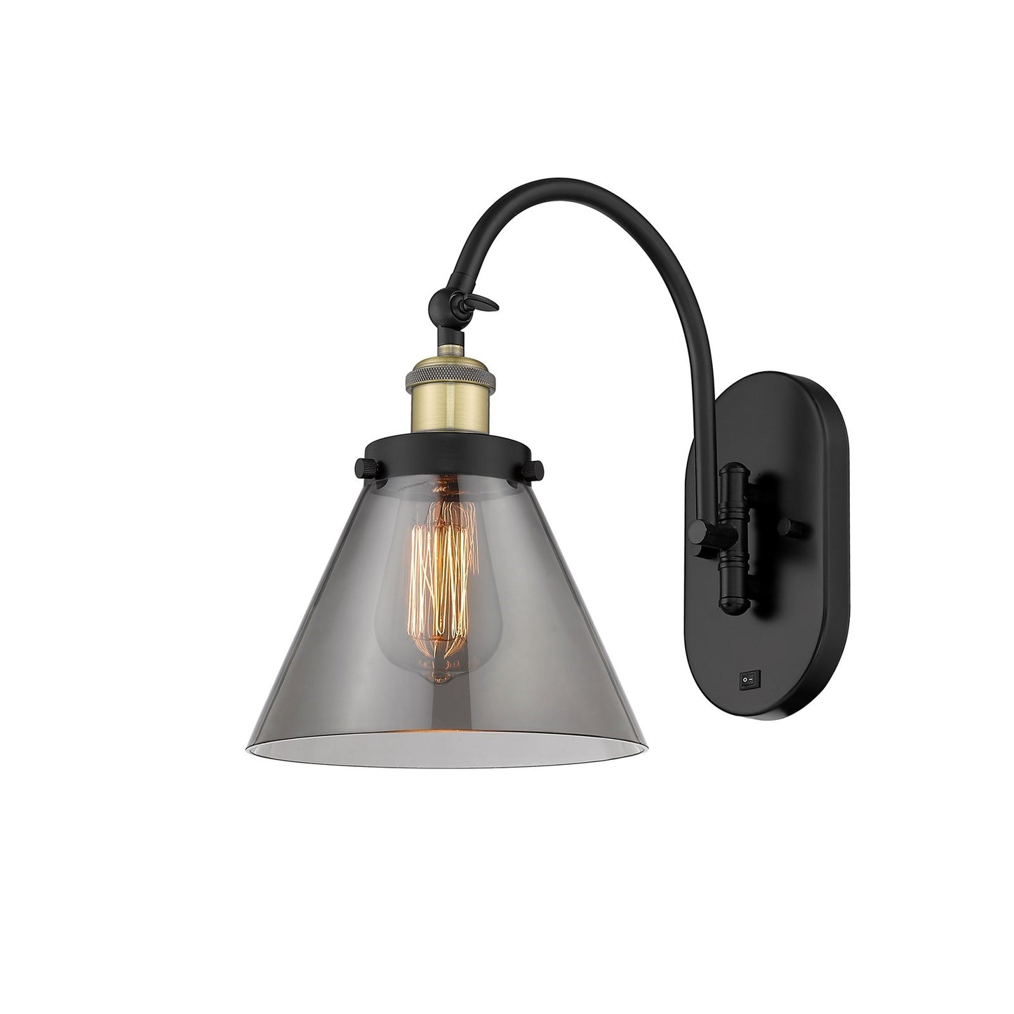 Innovations Cone 8in 1-Light Swing Arm Lamp | Industrial Black Antique Brass Steel and Light Smoke Glass | Bedroom & Living Room | Model 918-1W-BAB-G43