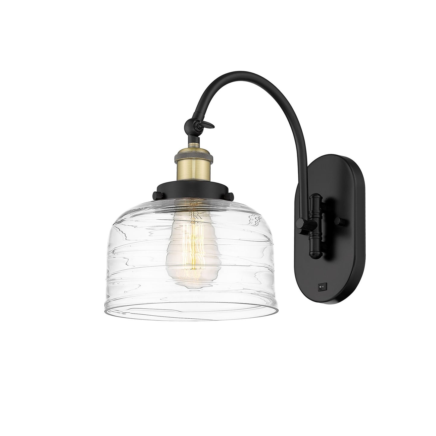 Innovations Bell 8in 1-Light Swing Arm Lamp | Industrial Black Antique Brass Steel and Clear Deco Swirl Glass | Bedroom & | Model 918-1W-BAB-G713-LED