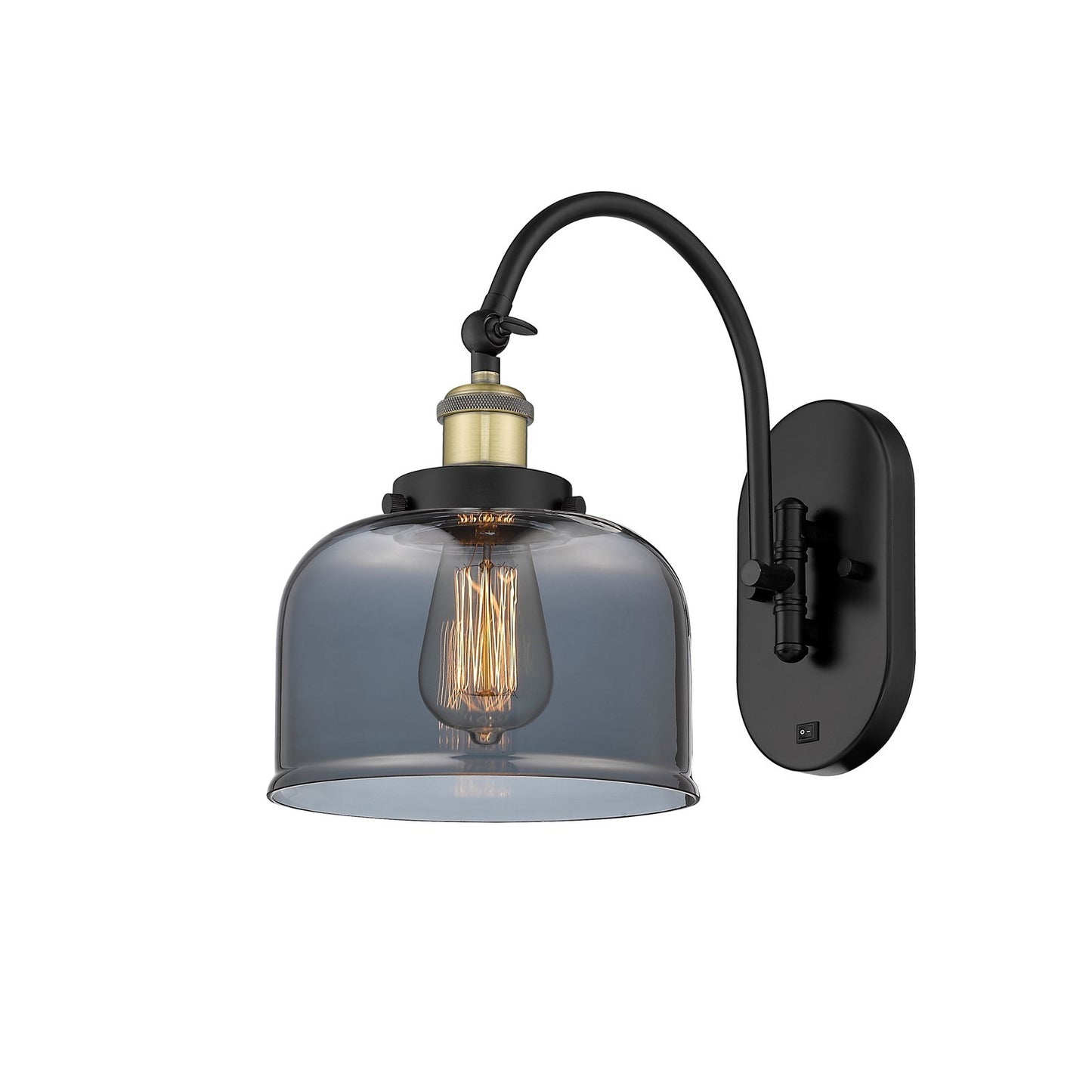 Innovations Bell 8in 1-Light Swing Arm Wall Sconce | Industrial Black Antique Brass and Light Smoke Glass | Bedroom Reading | Model 918-1W-BAB-G73-LED