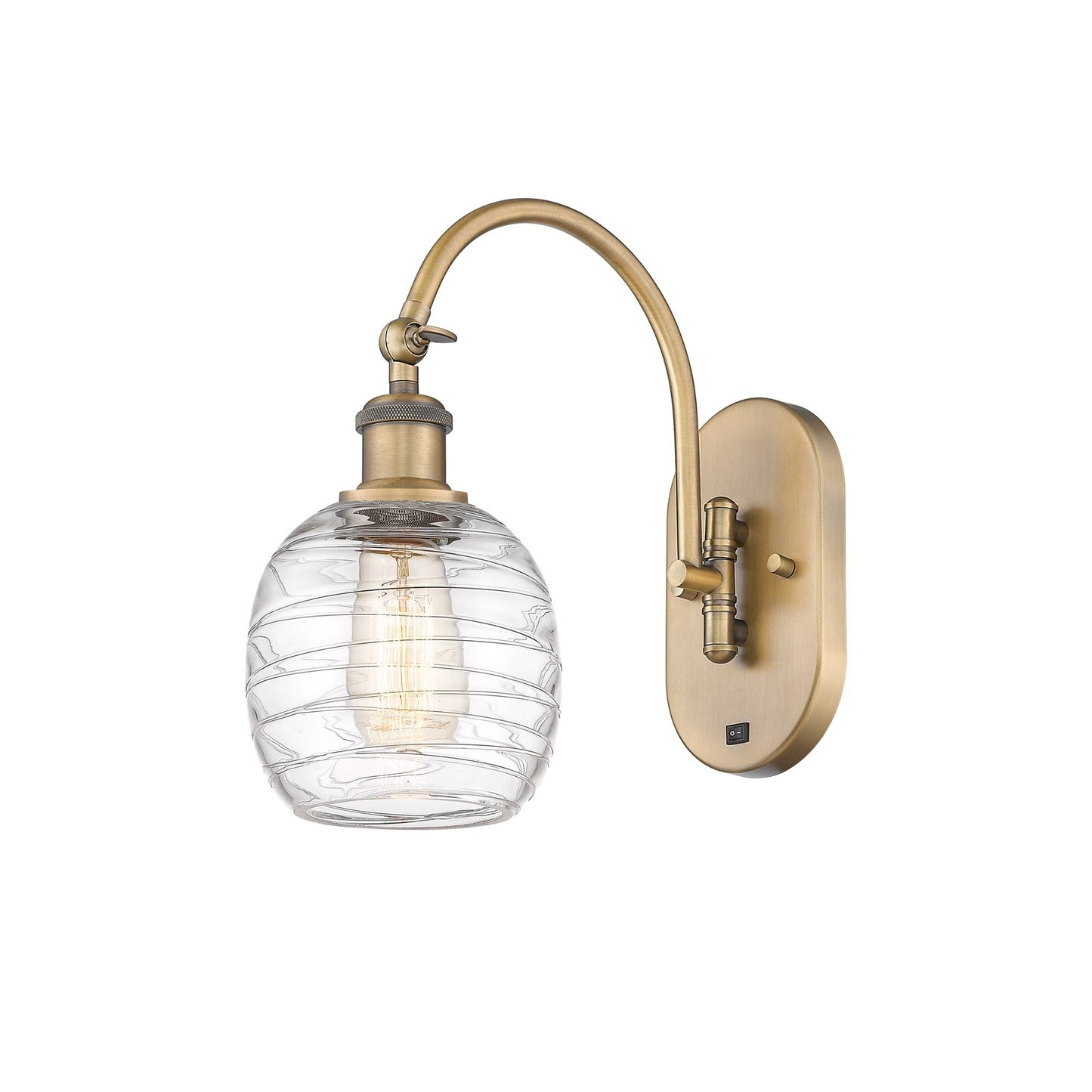 Innovations Belfast 6in 1-Light Wall Sconce | Industrial Brushed Brass Steel and Deco Swirl Clear Glass | Bedroom & Hallway Accent | Model 918-1W-BB-G1013