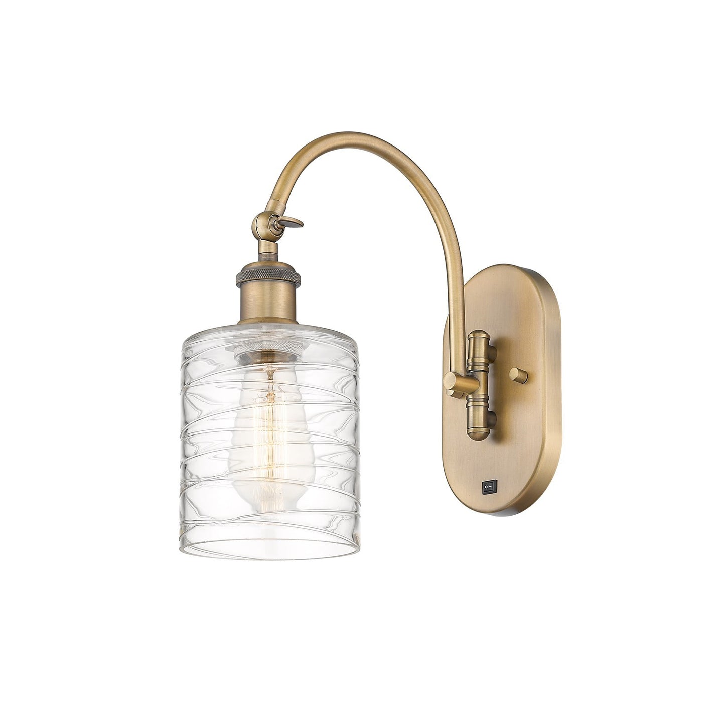Innovations Cobbleskill 5in 1-Light Wall Sconce | Industrial Brushed Brass and Deco Swirl Glass | Bedroom & Hallway Accent | Model 918-1W-BB-G1113