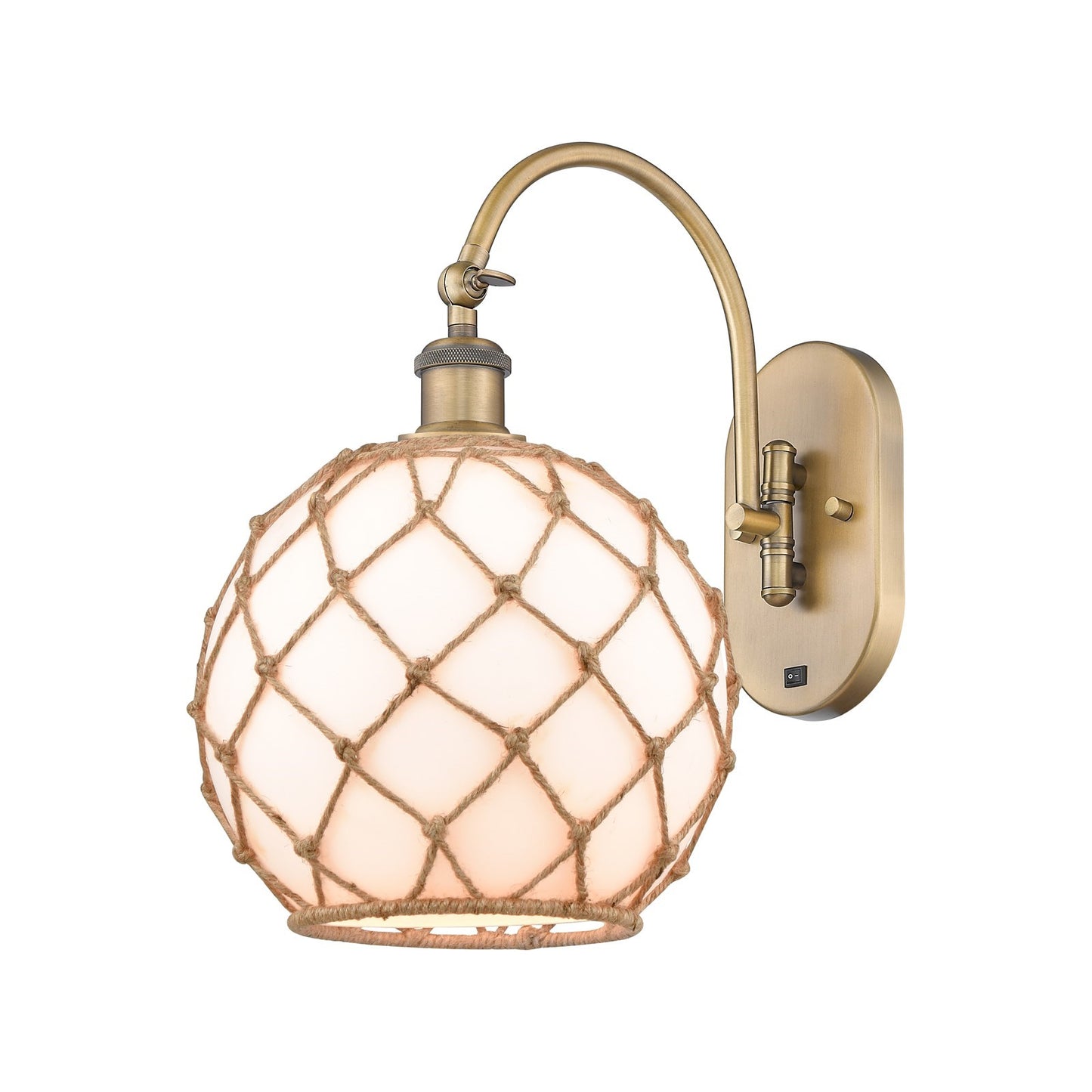 Innovations Farmhouse Rope 10in 1-Light Wall Sconce | Brushed Brass Steel and Matte White Glass with Brown Rope | Bedroom & | Model 918-1W-BB-G121-10RB