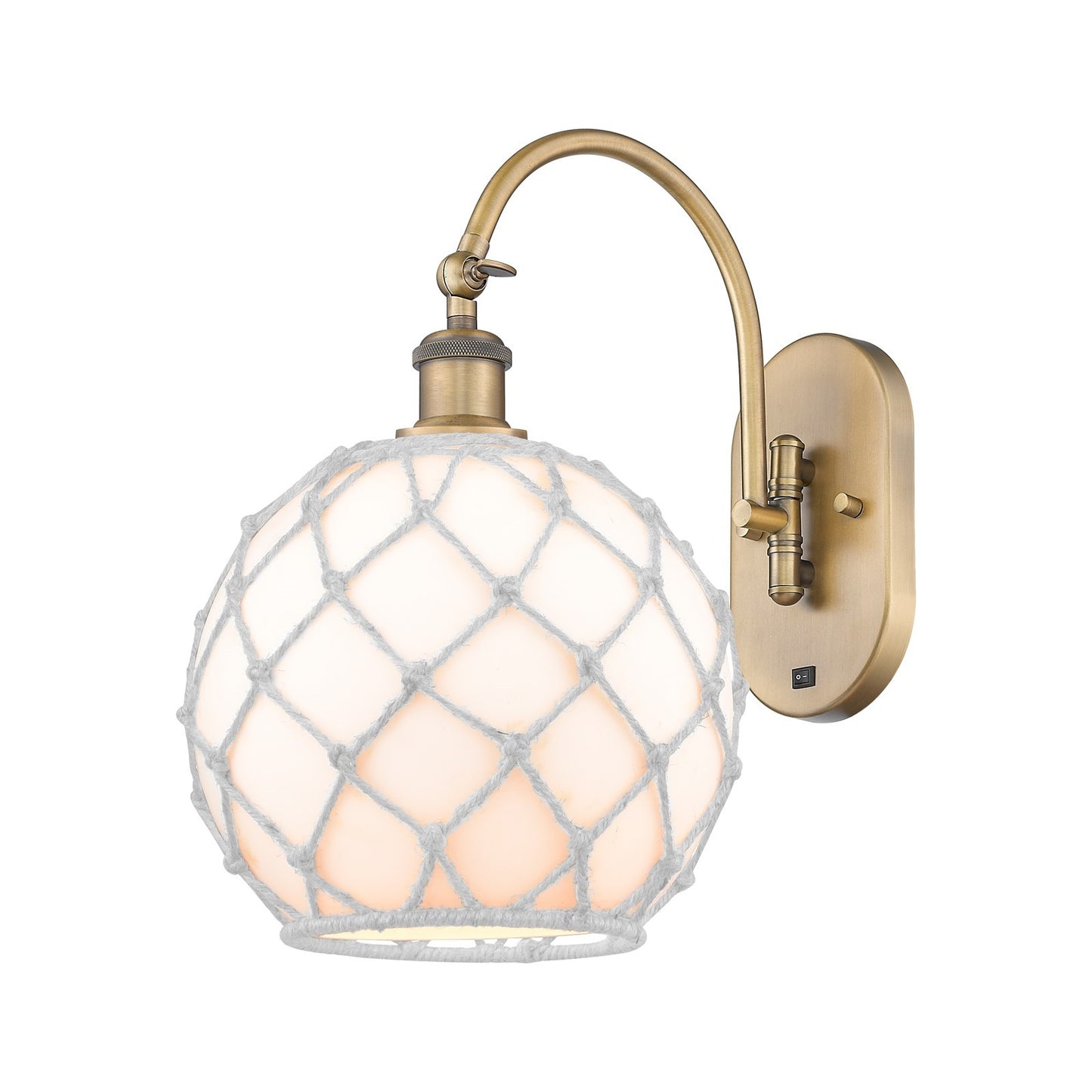 Innovations Farmhouse Rope 10in 1-Light Wall Sconce | Brushed Brass Steel and White Glass with White Rope | Bedroom & Hallway | Model 918-1W-BB-G121-10RW