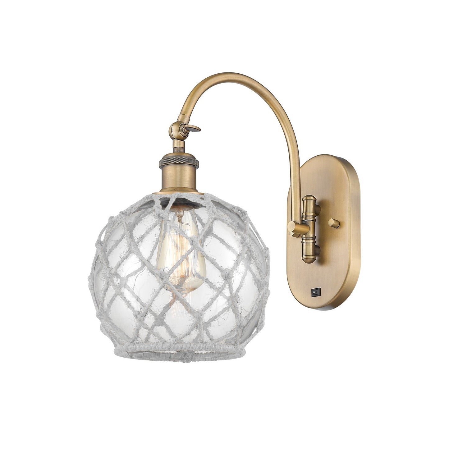 Innovations Farmhouse Rope 8in 1-Light Wall Sconce | Industrial Brushed Brass Steel and Clear Glass with White Rope | Bedroom & | Model 918-1W-BB-G122-8RW