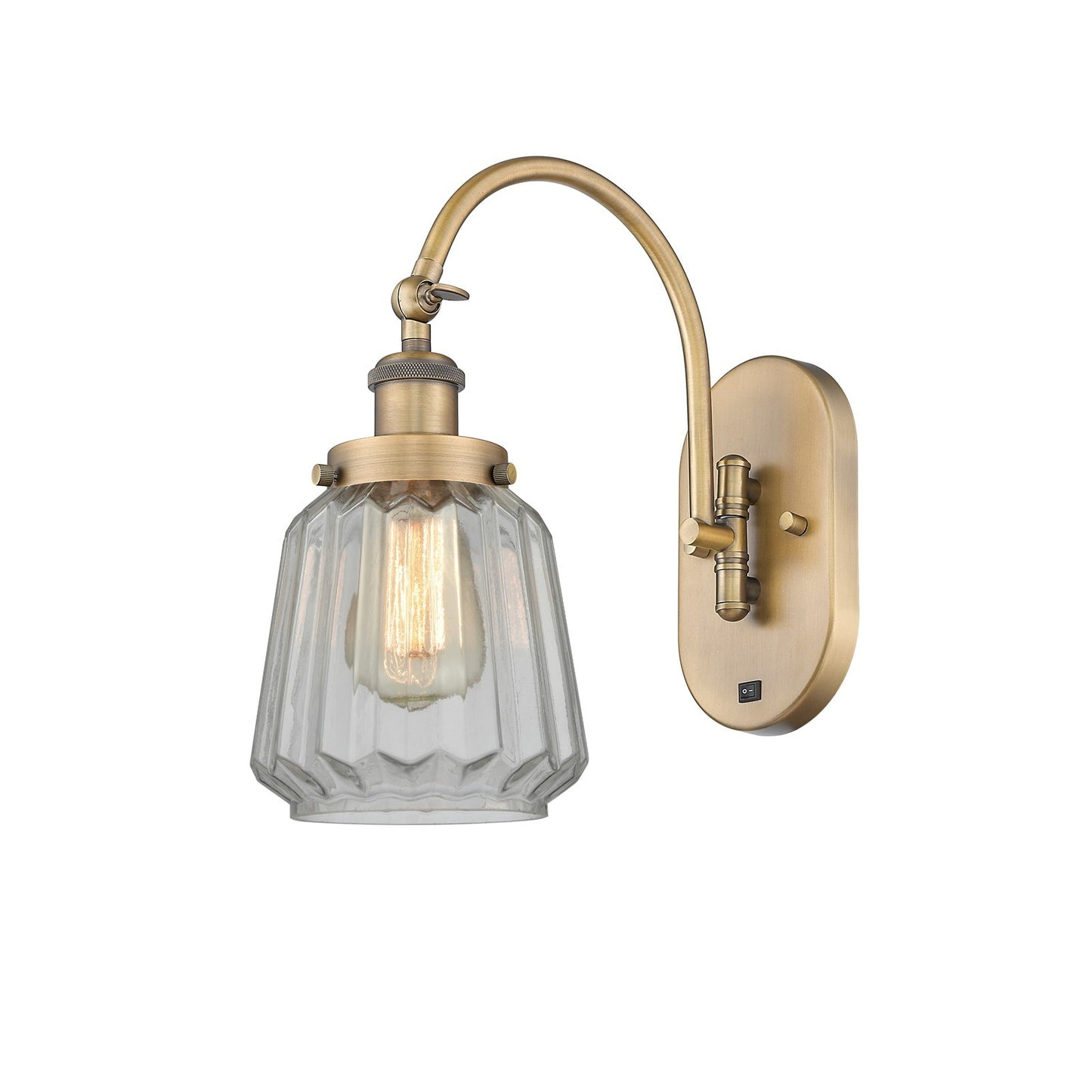 Innovations Chatham 7in 1-Light Swing Arm Lamp | Industrial Brushed Brass Steel and Clear Ribbed Glass | Bedroom & Living Room | Model 918-1W-BB-G142-LED