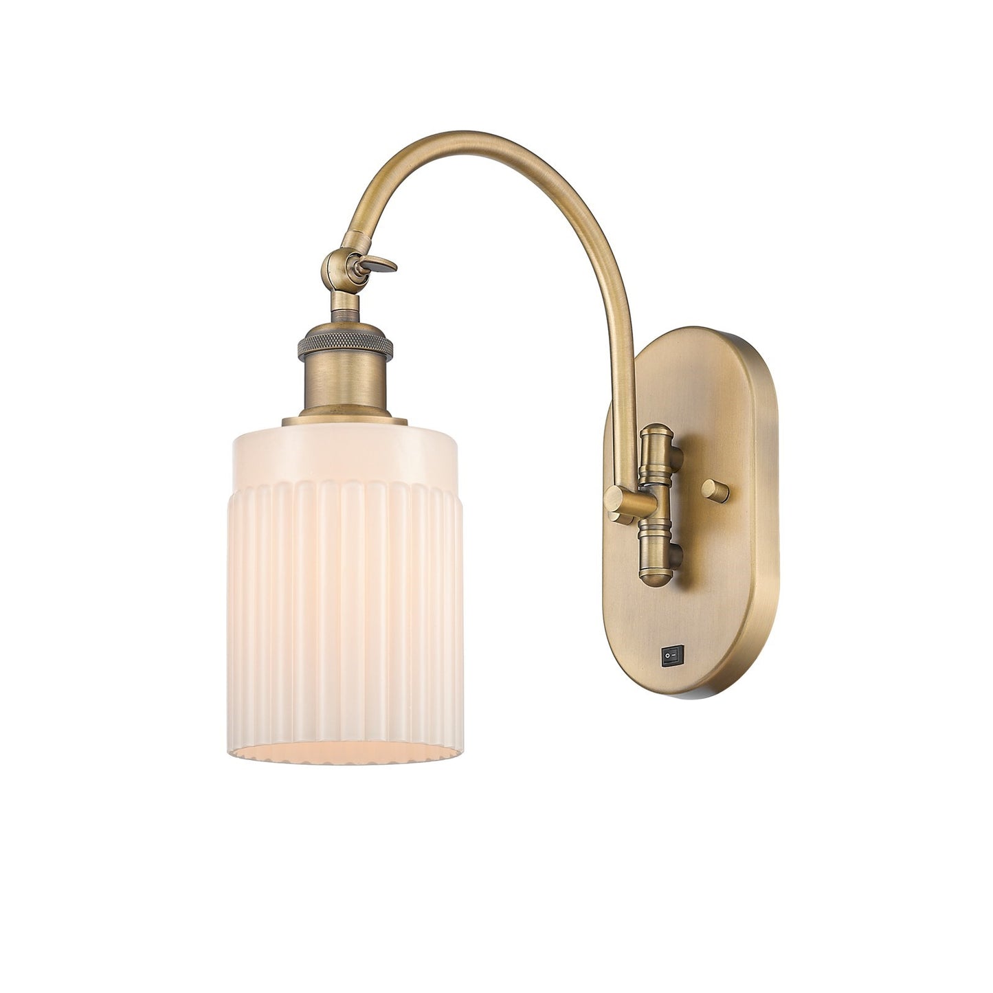 Innovations Hadley 1-Light Wall Sconce | Industrial Brushed Brass and Matte White Ribbed Glass | Bedroom & Hallway Accent Light | Model 918-1W-BB-G341