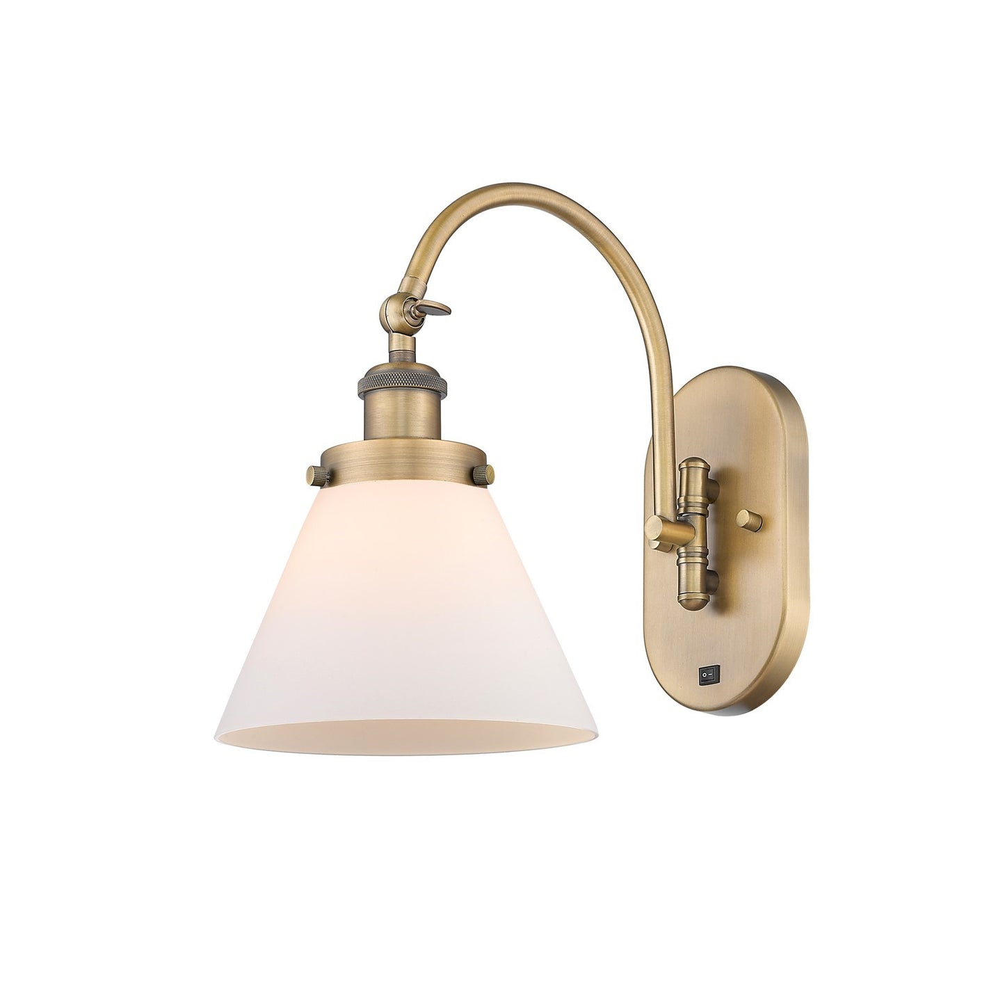 Innovations Cone 8in 1-Light Swing Arm Lamp | Industrial Brushed Brass Steel and Matte White Frosted Glass | Bedroom & Living Room | Model 918-1W-BB-G41