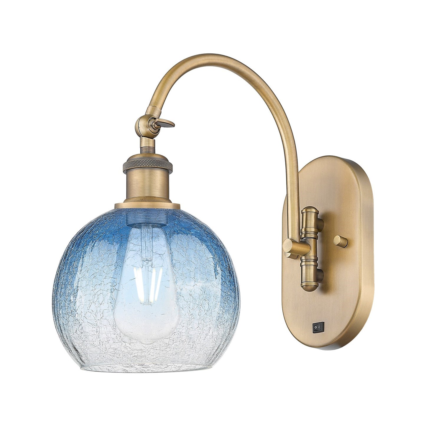 Innovations Brookhaven Globe 8in 1-Light Wall Sconce | Industrial Brushed Brass Steel and Sapphire Blue Glass | Hallway & | Model 918-1W-BB-G483-8SB