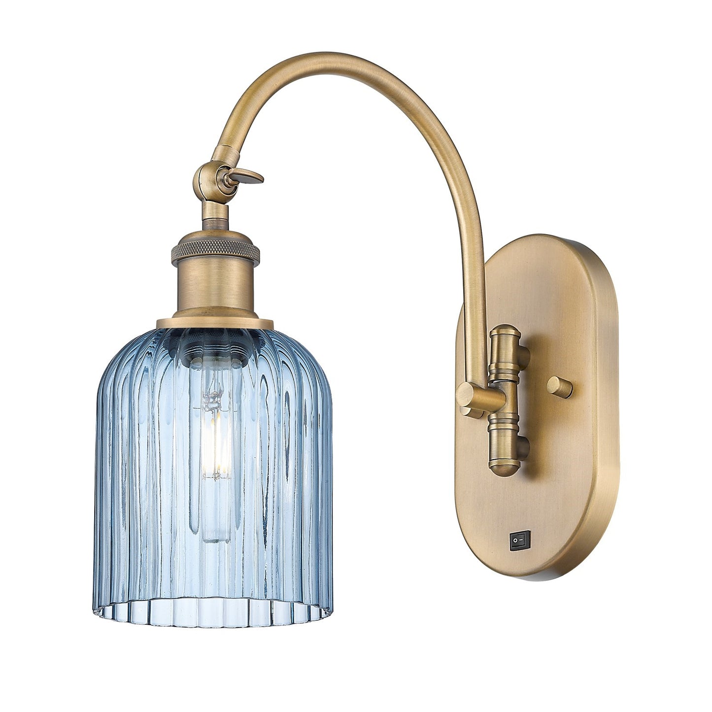 Innovations Bridal Veil 5in 1-Light Wall Sconce | Industrial Brushed Brass Steel and Princess Blue Ribbed Glass | Bedroom & | Model 918-1W-BB-G559-5BL