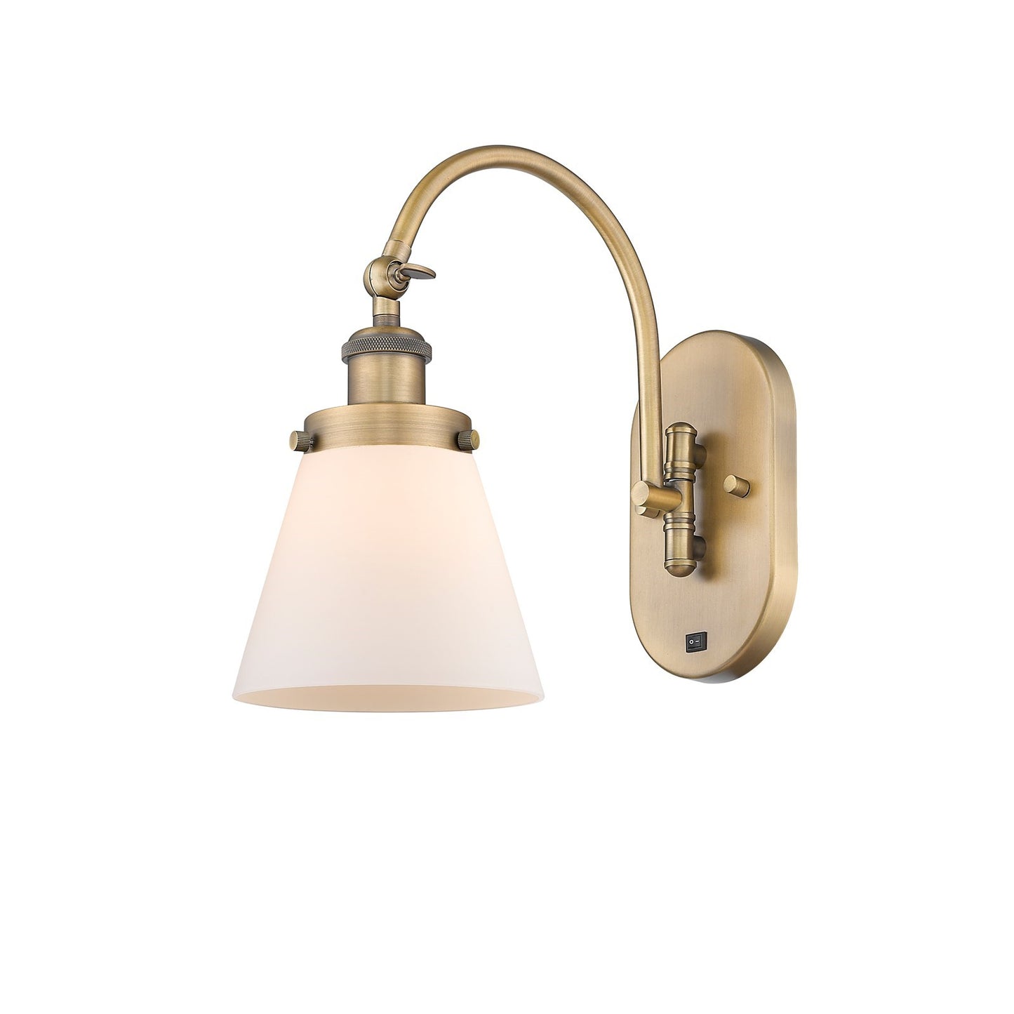 Innovations Cone 6.25in 1-Light Swing Arm Sconce | Industrial Farmhouse Brushed Brass and Matte White Frosted Glass | Bedroom & | Model 918-1W-BB-G61