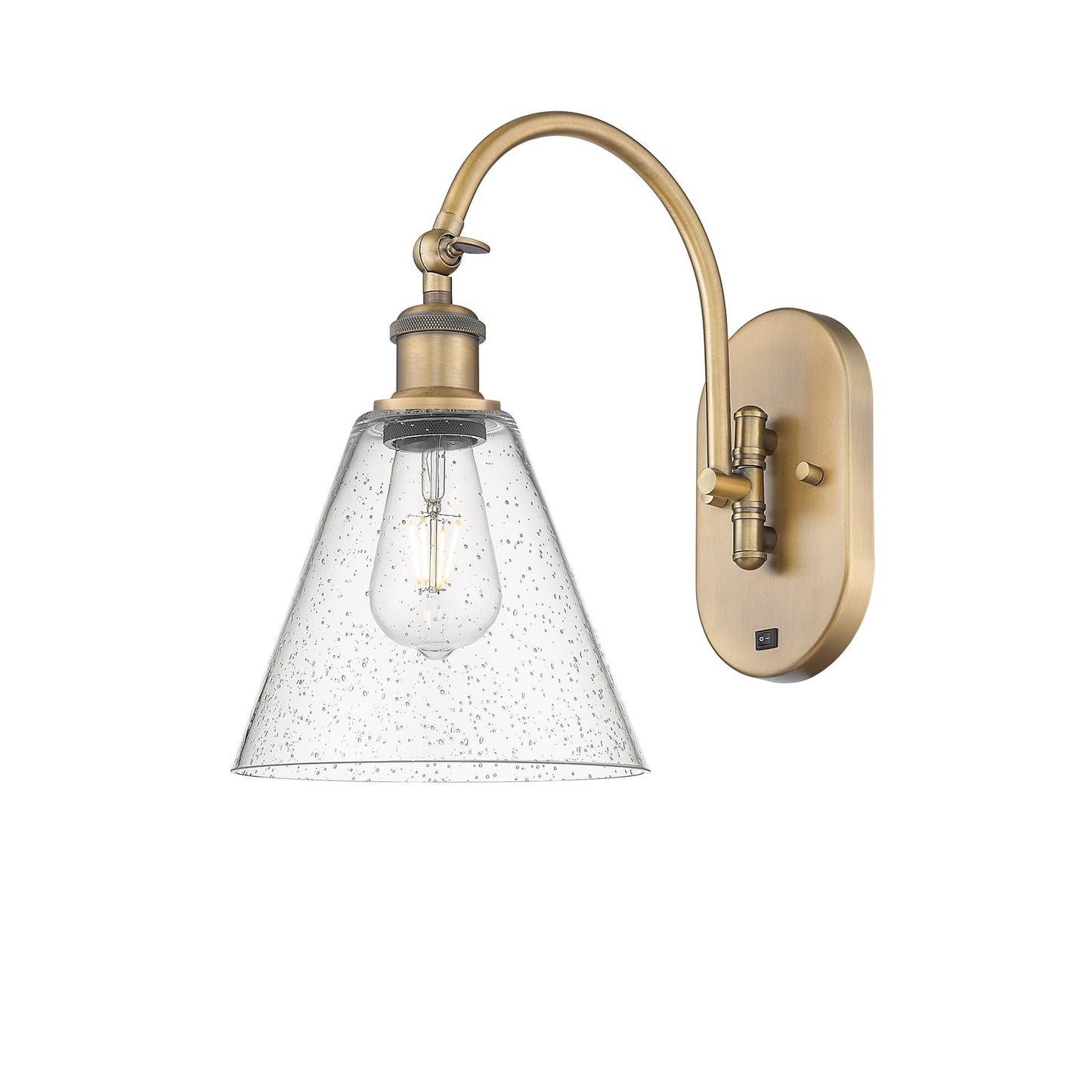 Innovations Berkshire Glass 1-Light 8in Wall Sconce | Industrial Brushed Brass Steel and Seedy Glass | Bathroom & Hallway Accent | Model 918-1W-BB-GBC-84