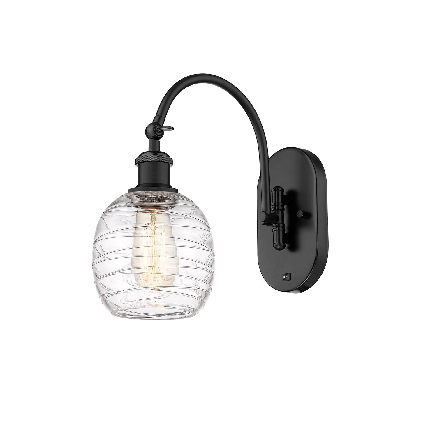 Innovations Belfast 6in 1-Light Wall Sconce | Industrial Matte Black Steel and Cast Brass with Deco Swirl Glass Shade | Bedroom & | Model 918-1W-BK-G1013