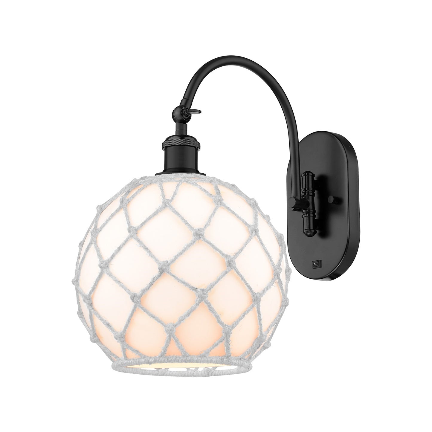 Innovations Farmhouse Rope 10in 1-Light Wall Sconce | Industrial Matte Black Steel and White Glass with White Rope | Bedroom & | Model 918-1W-BK-G121-10RW