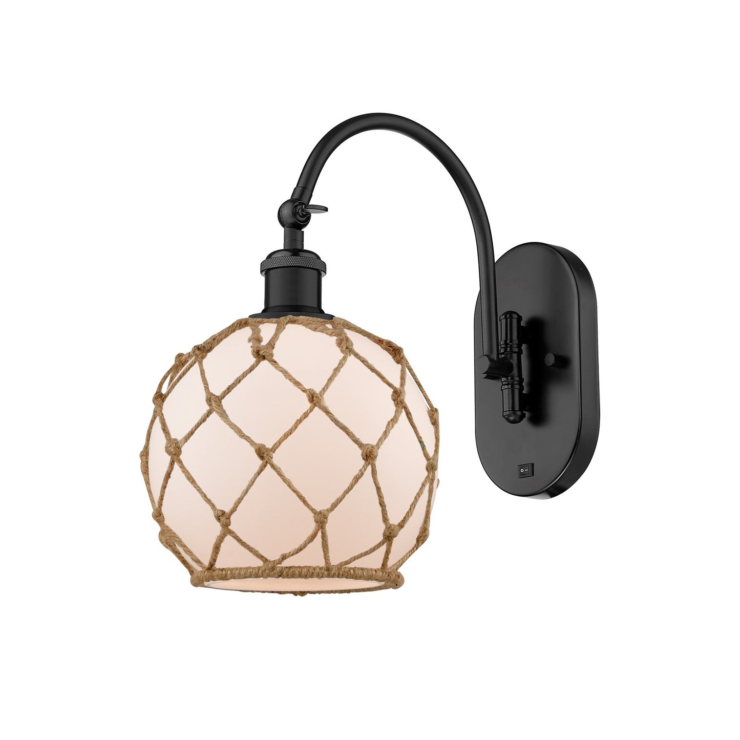 Innovations Lighting Ballston 8in 1-Light Wall Sconce | Farmhouse Matte Black and White Glass with Brown Rope | Bedroom & | Model 918-1W-BK-G121-8RB