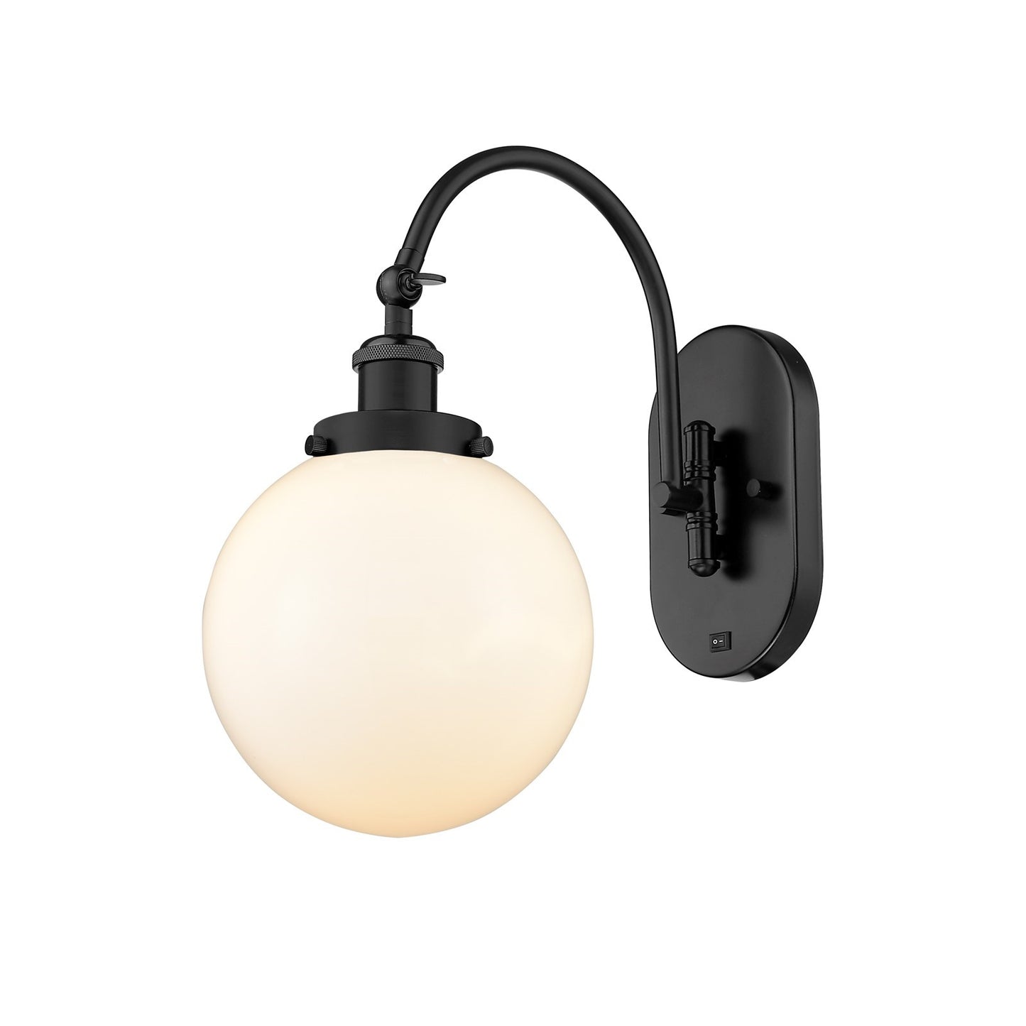 Innovations Beacon 8in 1-Light Swing Arm Lamp | Industrial Matte Black Steel and Matte White Frosted Glass | Bedroom & Living | Model 918-1W-BK-G201-8-LED
