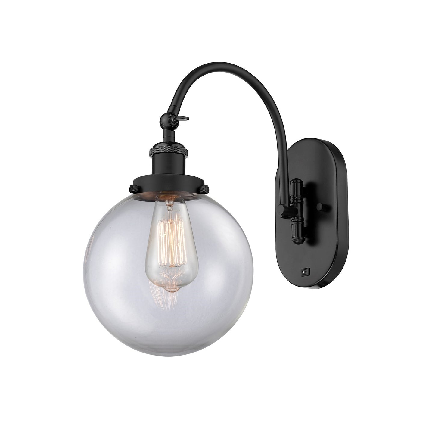 Innovations Beacon 8in 1-Light Swing Arm Lamp | Industrial Matte Black Steel and Clear Glass | Bedroom & Living Room Reading | Model 918-1W-BK-G202-8