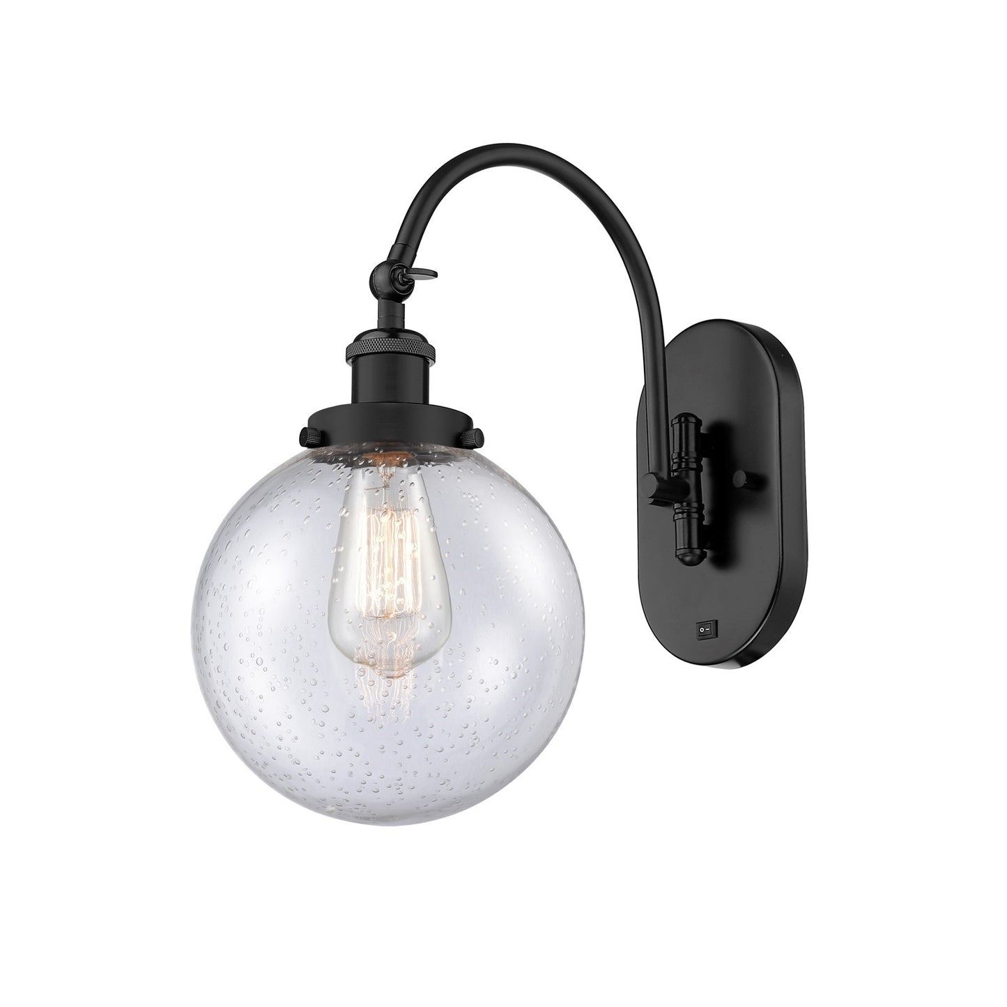 Innovations Beacon 8in 1-Light Swing Arm Lamp | Industrial Matte Black Steel and Seedy Glass | Bedroom & Living Room Reading | Model 918-1W-BK-G204-8-LED