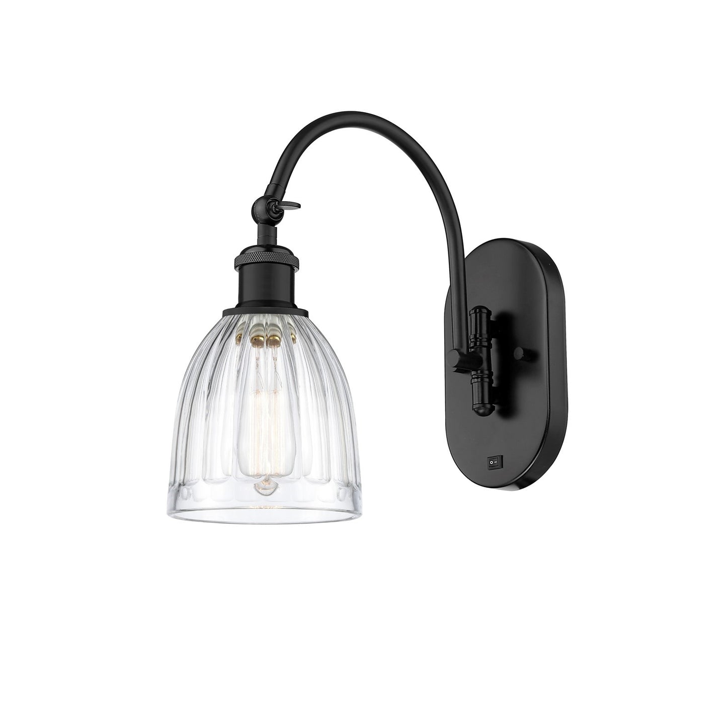 Innovations Brookfield 6in 1-Light Wall Sconce | Industrial Matte Black and Clear Ribbed Glass | Hallway & Bathroom Accent | Model 918-1W-BK-G442