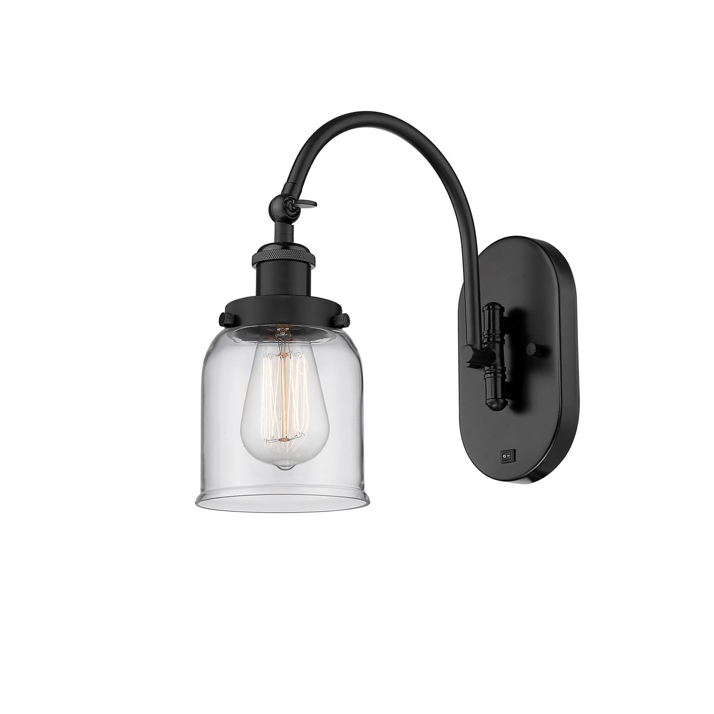 Innovations Bell 5in 1-Light Swing Arm Lamp | Industrial Matte Black Steel and Clear Glass | Bedroom & Living Room Reading Light | Model 918-1W-BK-G52-LED