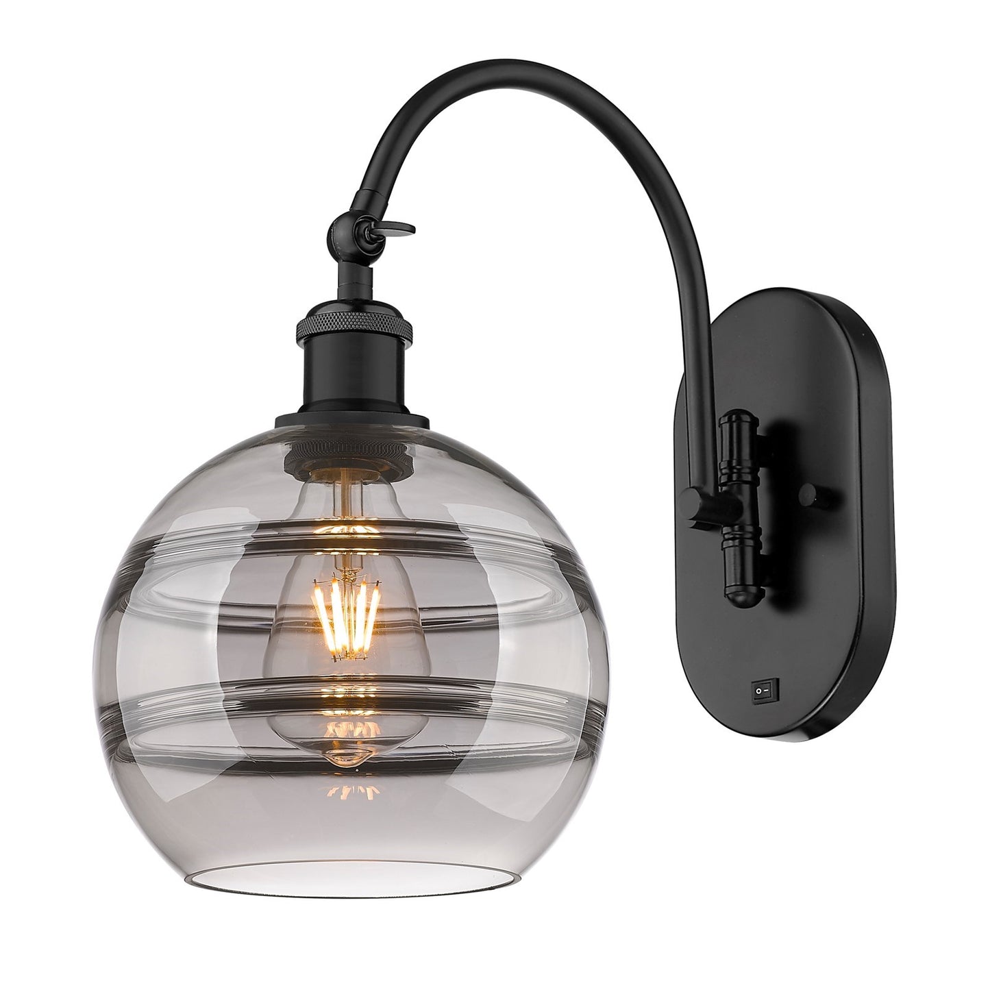 Innovations Rochester 8in 1-Light Wall Sconce | Industrial Matte Black Steel and Light Smoke Glass | Bathroom & Hallway Accent | Model 918-1W-BK-G556-8SM