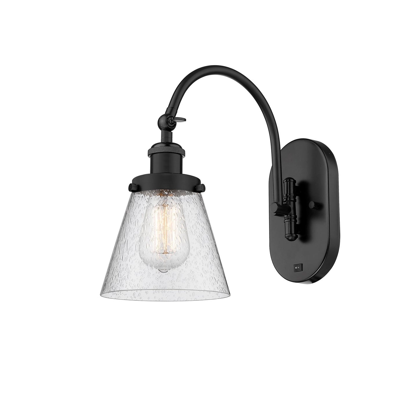Innovations Cone 6.25in 1-Light Swing Arm Lamp | Industrial Matte Black Steel and Seedy Glass | Bedroom & Hallway Accent Light | Model 918-1W-BK-G64