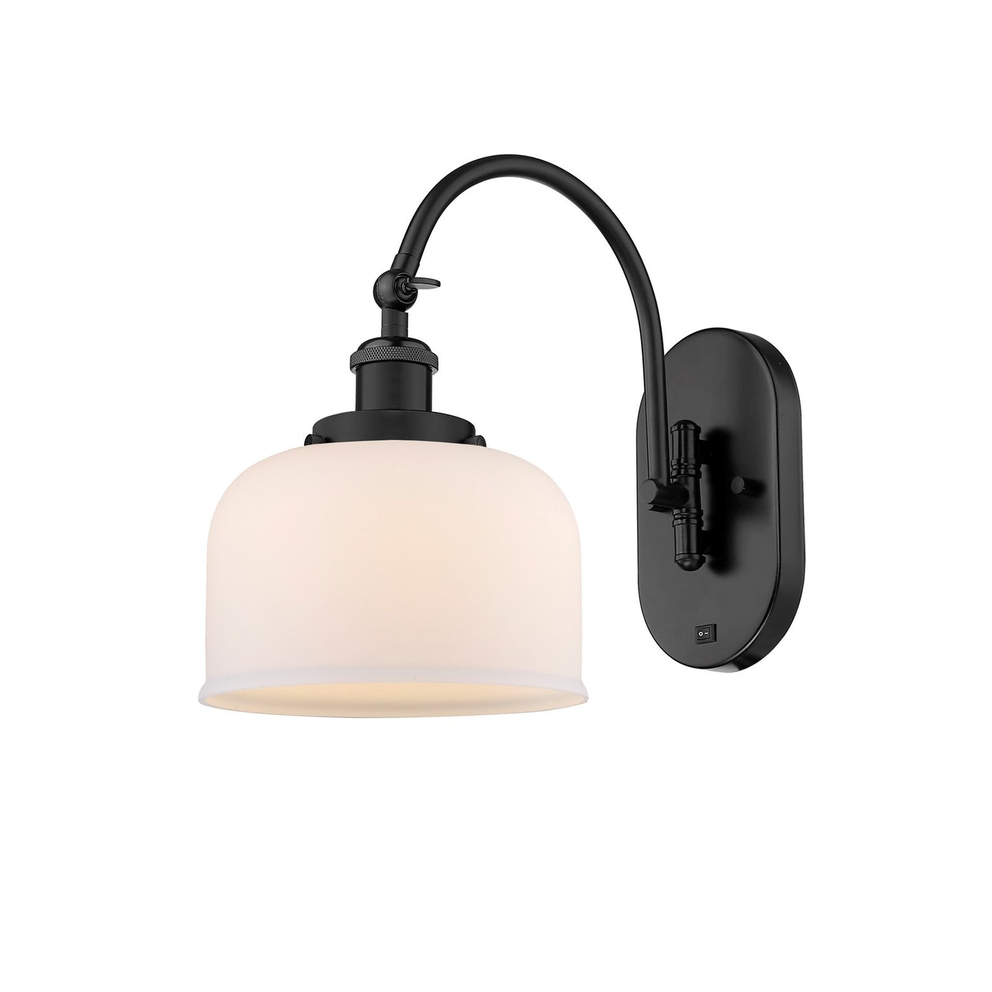 Innovations Bell 8in 1-Light Swing Arm Sconce | Industrial Matte Black Steel and Matte White Frosted Glass | Bedroom Reading Light | Model 918-1W-BK-G71