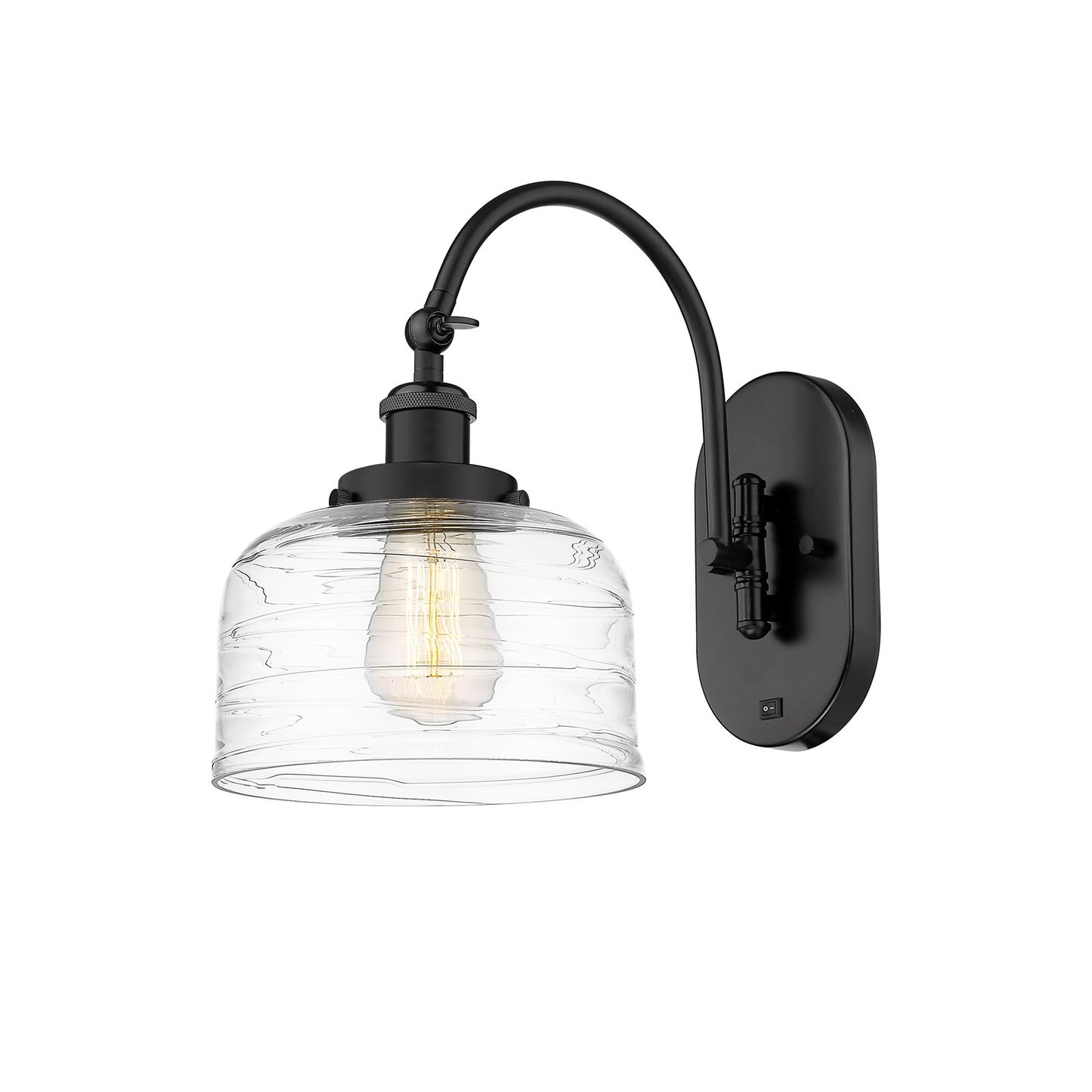 Innovations Bell 8in 1-Light Swing Arm Sconce | Industrial Matte Black Steel and Clear Deco Swirl Glass | Bedroom Reading Light | Model 918-1W-BK-G713-LED