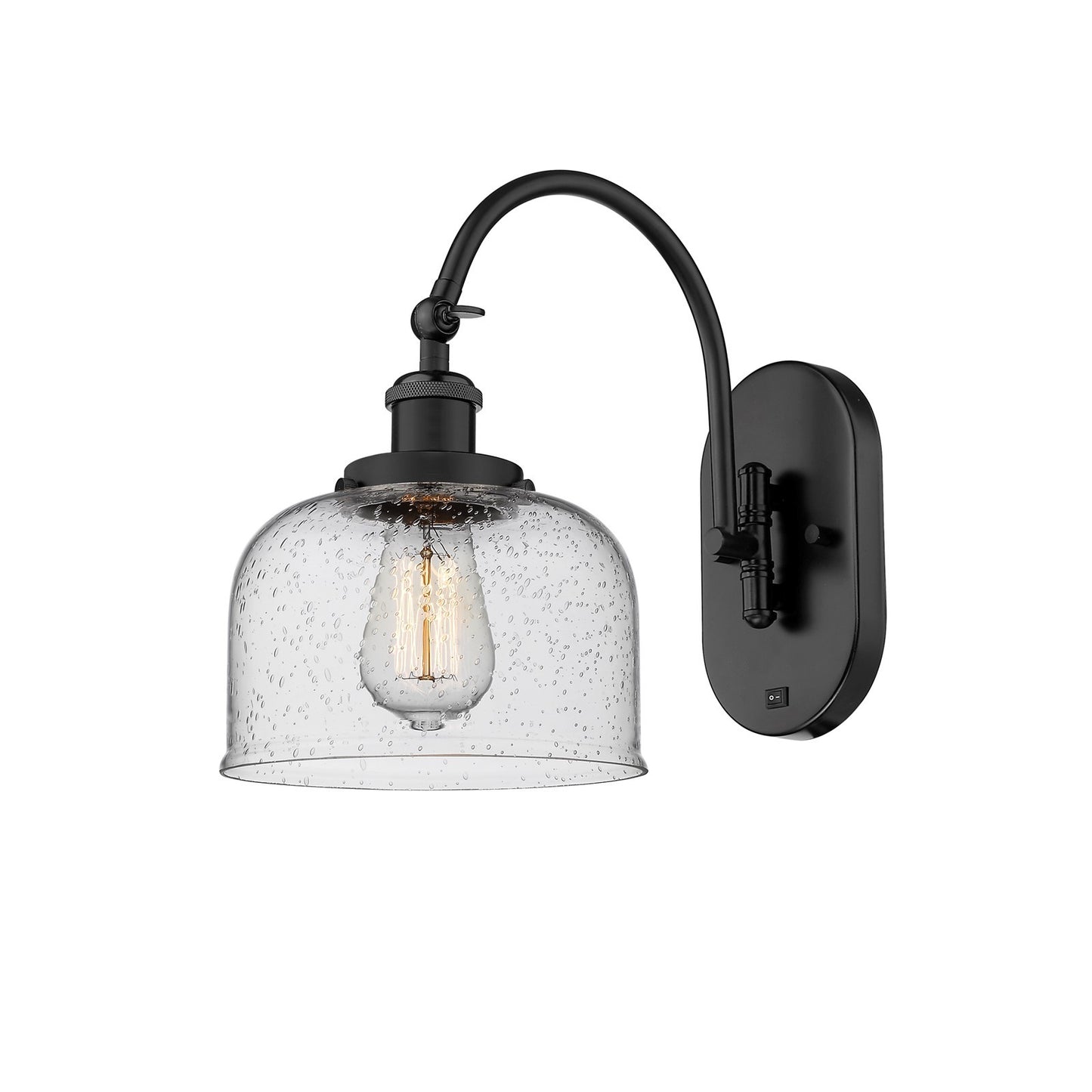 Innovations Bell 8in 1-Light Swing Arm Wall Sconce | Industrial Matte Black Steel and Seedy Glass | Bedroom Reading Light | Model 918-1W-BK-G74-LED