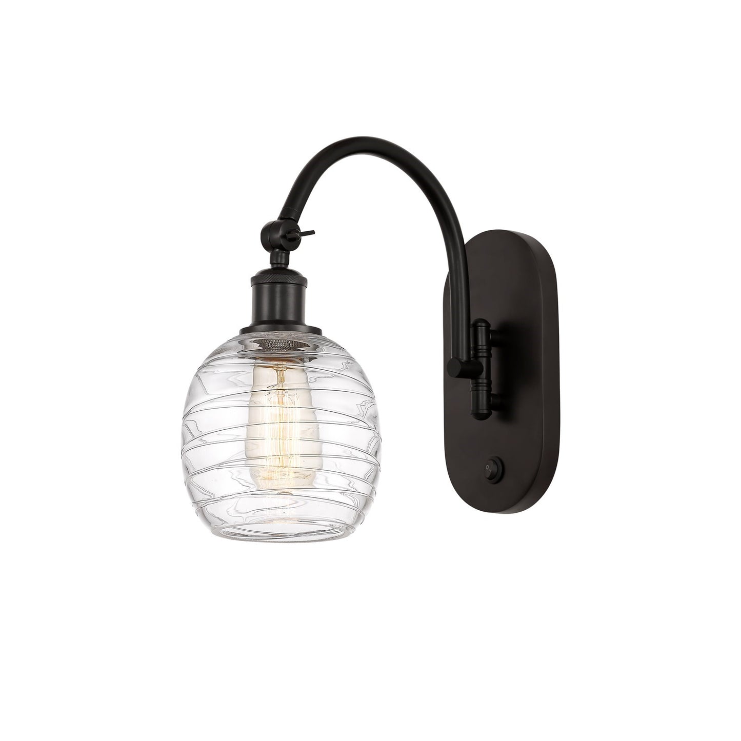 Innovations Belfast 6in 1-Light Wall Sconce | Industrial Oil Rubbed Bronze Steel and Deco Swirl Glass | Hallway & Bathroom Accent | Model 918-1W-OB-G1013