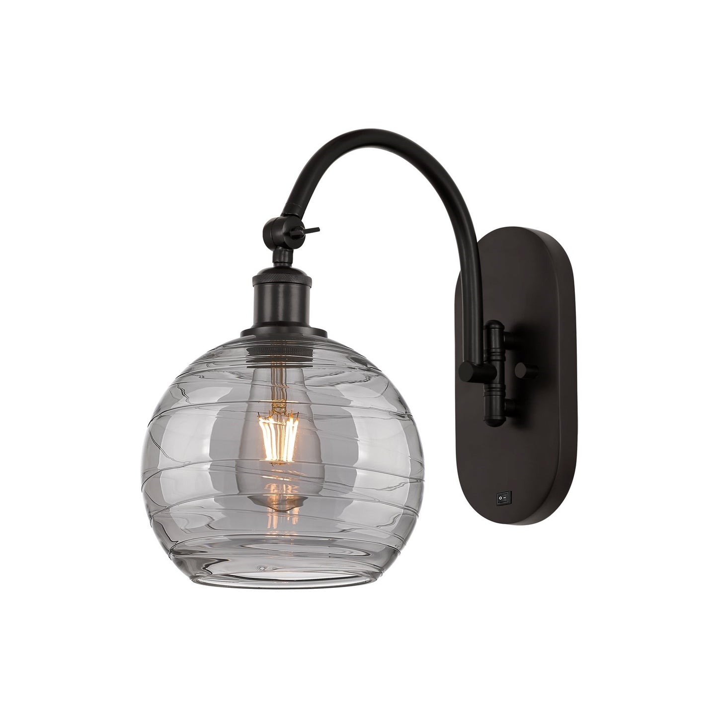 Innovations Athens Deco Swirl 8in 1-Light Wall Sconce | Industrial Oil Rubbed Bronze Steel and Light Smoke Deco Swirl Glass | Model 918-1W-OB-G1213-8SM