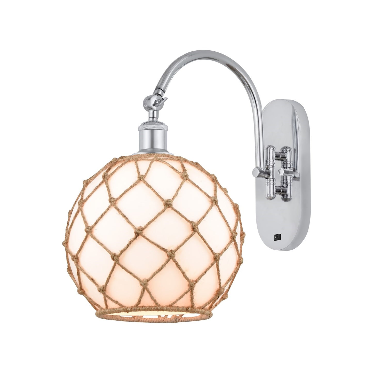 Innovations Farmhouse Rope 10in 1-Light Wall Sconce | Industrial Polished Chrome and Matte White Glass with Brown Rope | Model 918-1W-PC-G121-10RB