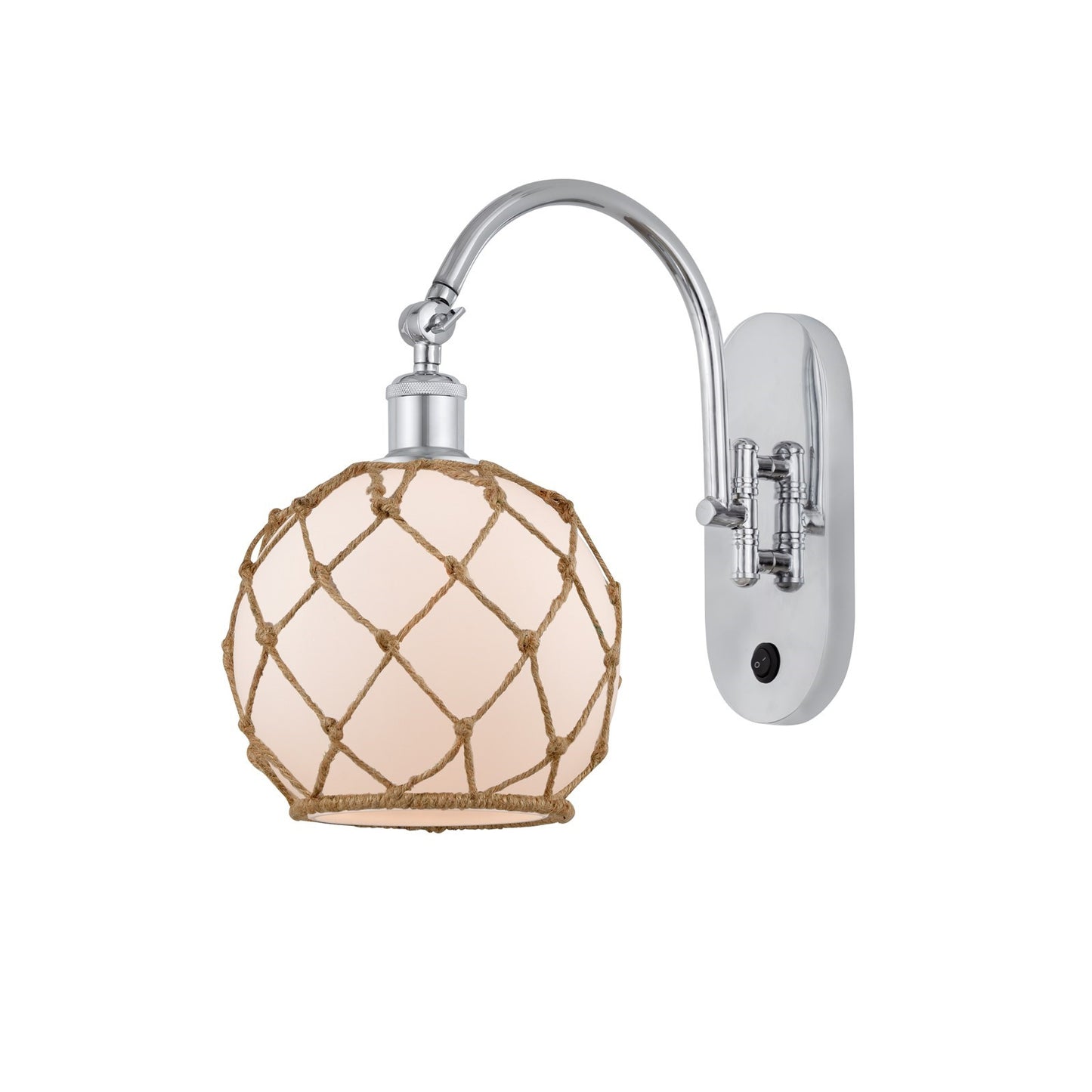 Innovations Farmhouse Rope 8in 1-Light Wall Sconce | Industrial Polished Chrome and White Frosted Glass with Brown Rope | Model 918-1W-PC-G121-8RB