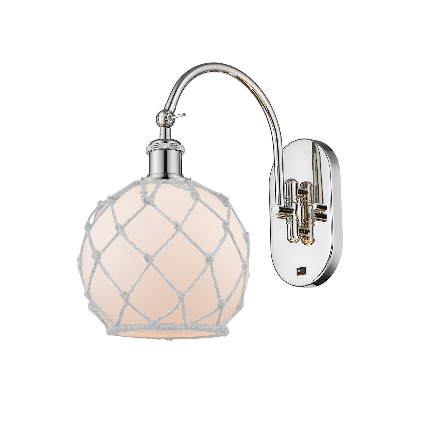 Innovations Farmhouse Rope 8in 1-Light Wall Sconce | Industrial Polished Nickel and White Frosted Glass with White Rope | Model 918-1W-PN-G121-8RW