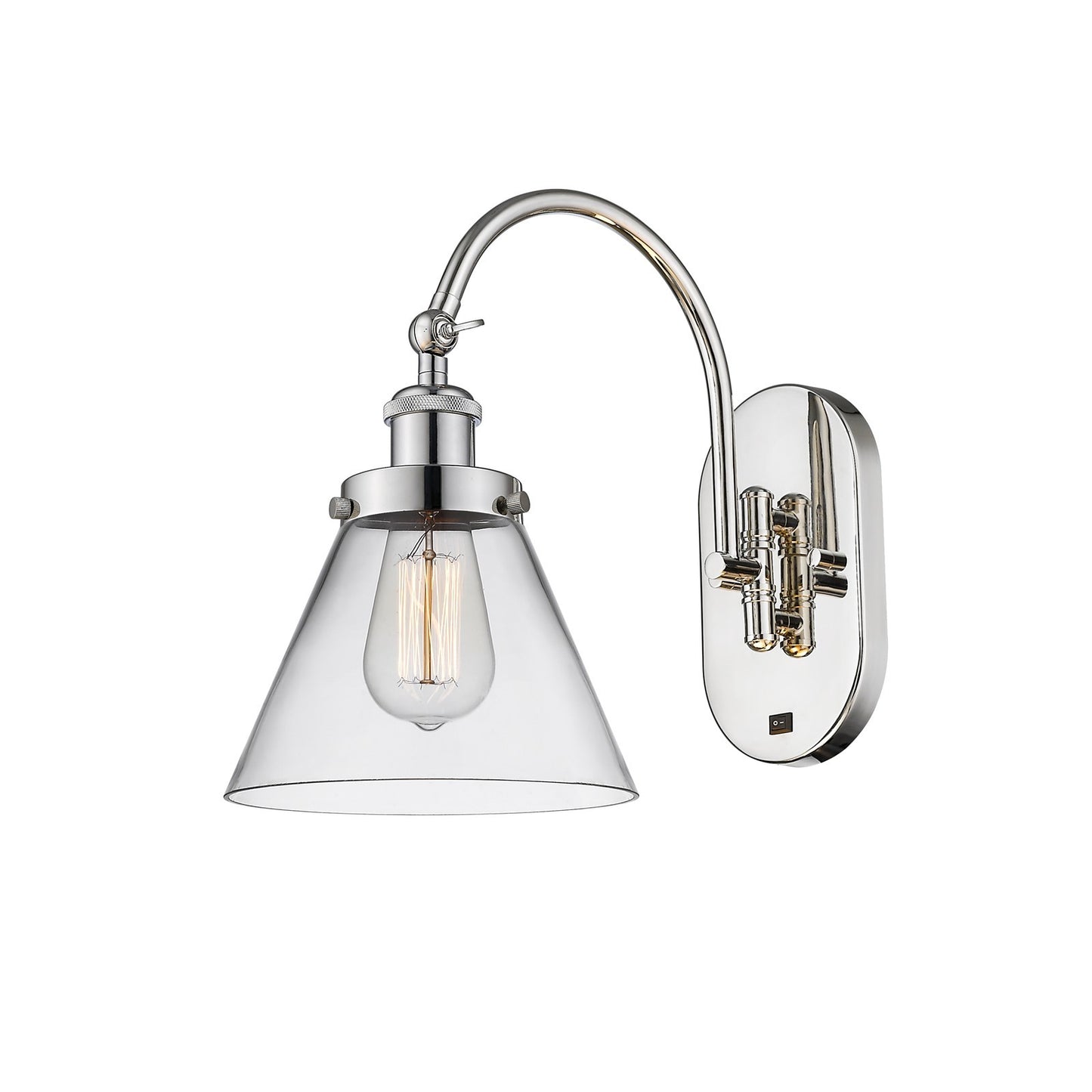 Innovations Cone 8in 1-Light Swing Arm Lamp | Industrial Polished Nickel Steel and Clear Glass | Kitchen Island & Reading Nook | Model 918-1W-PN-G42-LED