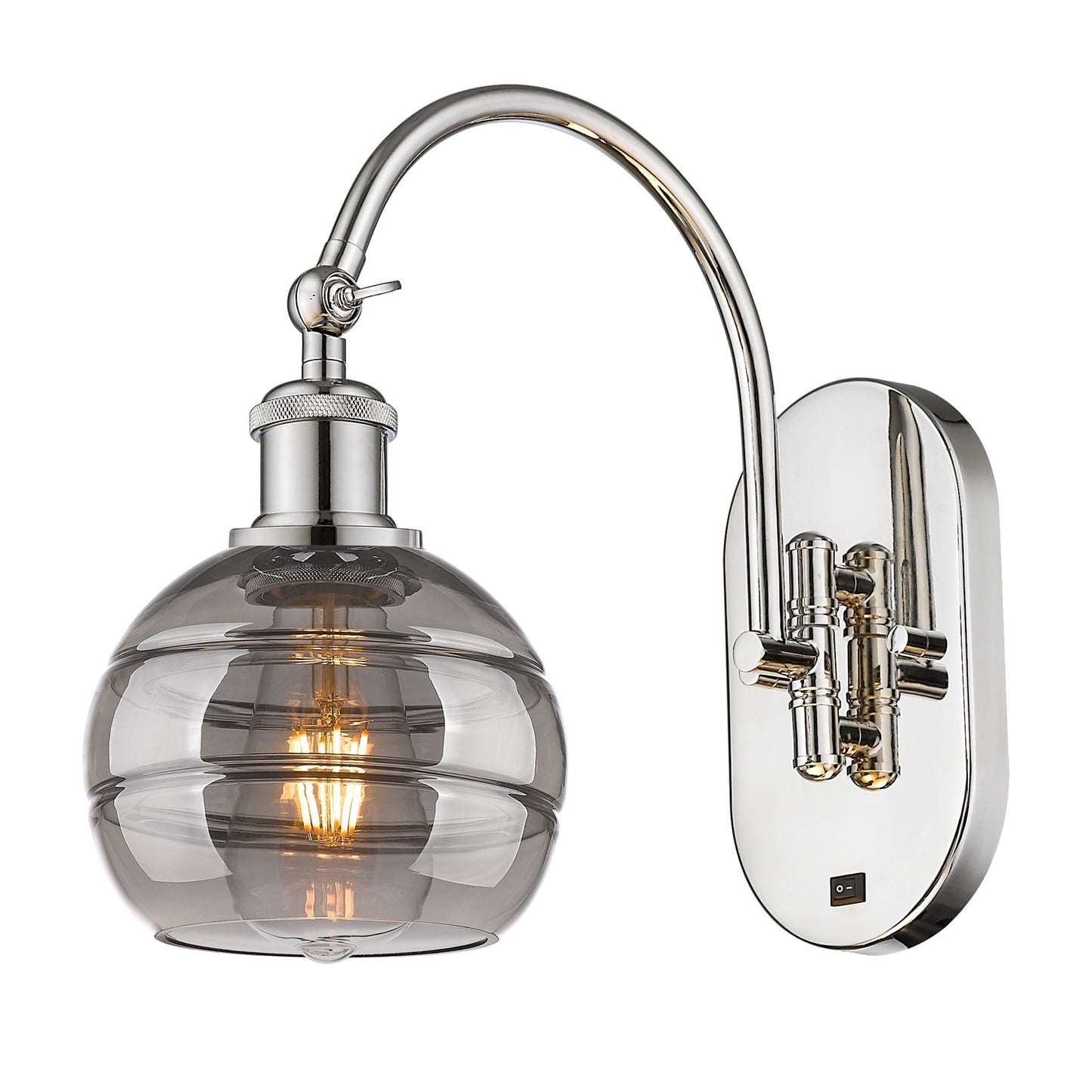 Innovations Rochester 6in 1-Light Wall Sconce | Industrial Polished Nickel Steel and Light Smoke Glass | Hallway & Bathroom | Model 918-1W-PN-G556-6SM