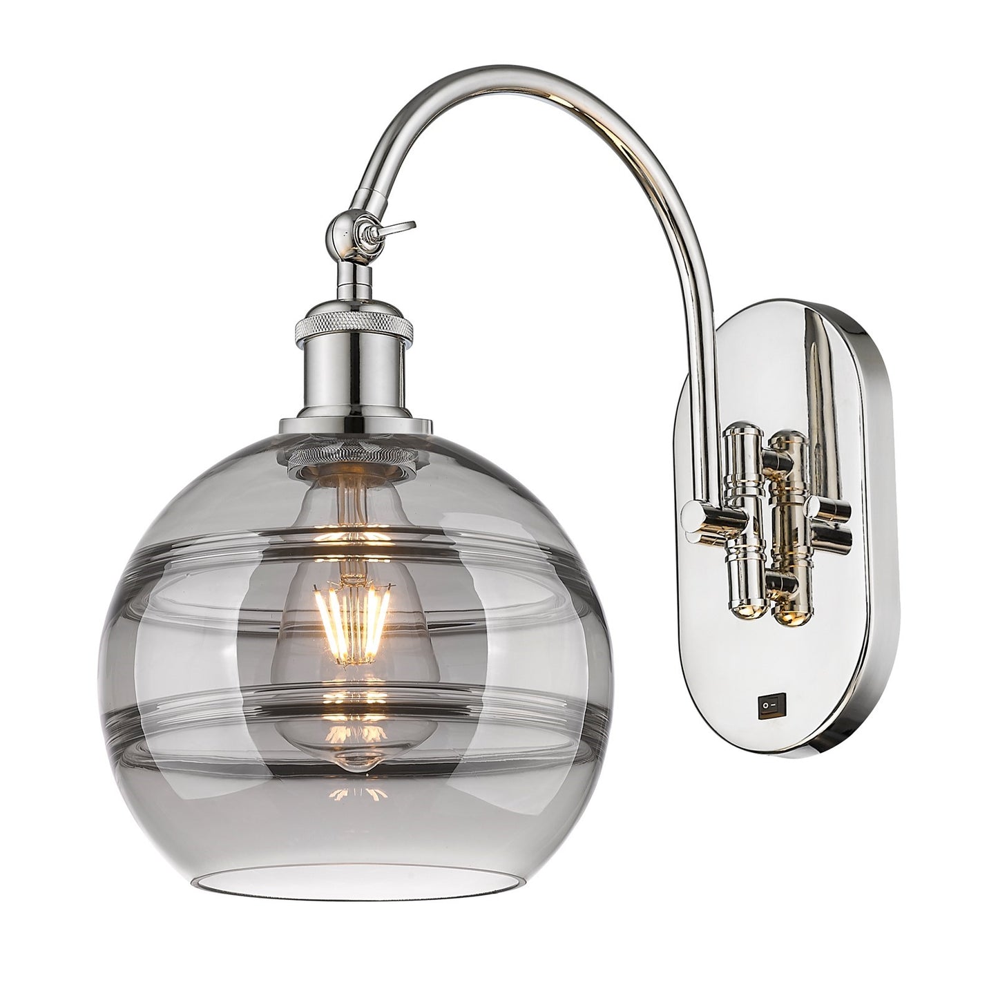 Innovations Rochester 8in 1-Light Wall Sconce | Industrial Polished Nickel Steel and Light Smoke Glass | Hallway & Bathroom | Model 918-1W-PN-G556-8SM