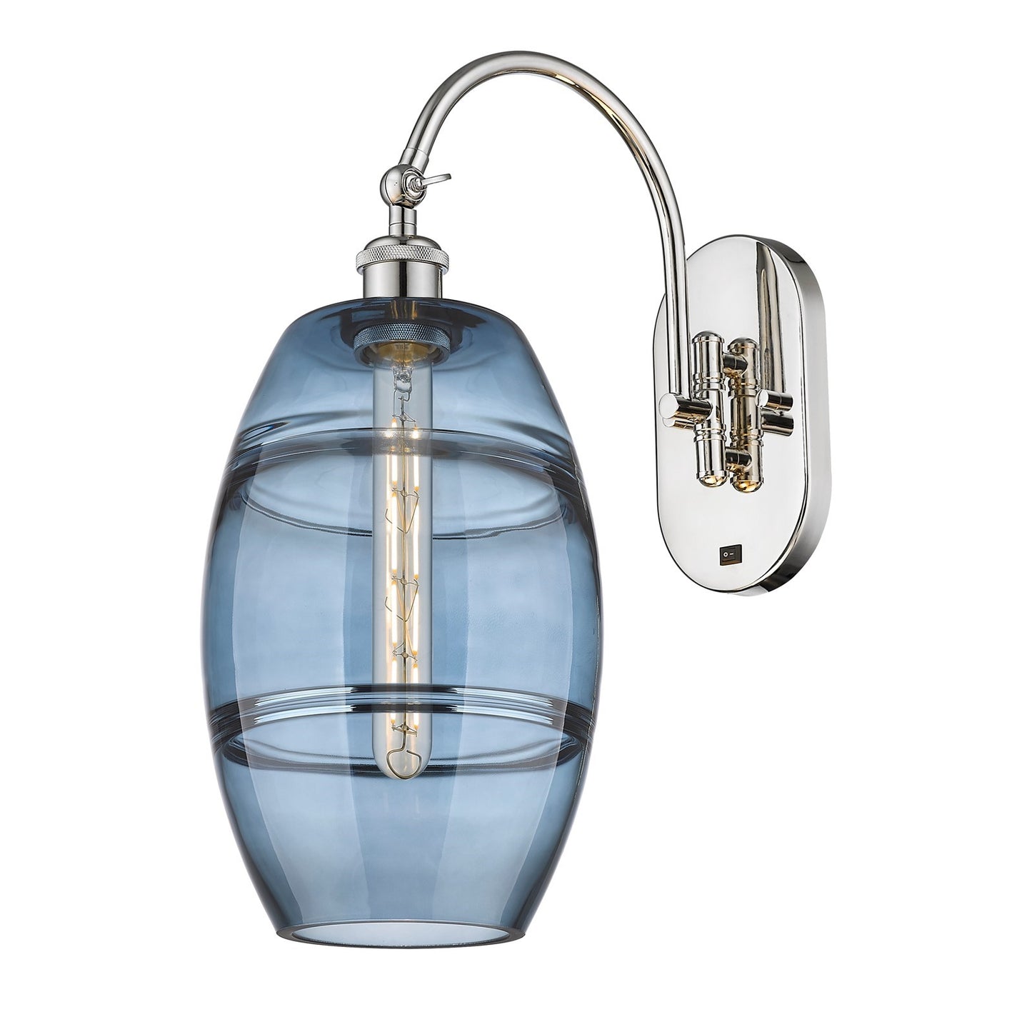 Innovations Vaz 8in 1-Light Wall Sconce | Industrial Polished Nickel and Blue Glass | Bedroom & Hallway Accent Light | 8 x 19 in | Model 918-1W-PN-G557-8BL