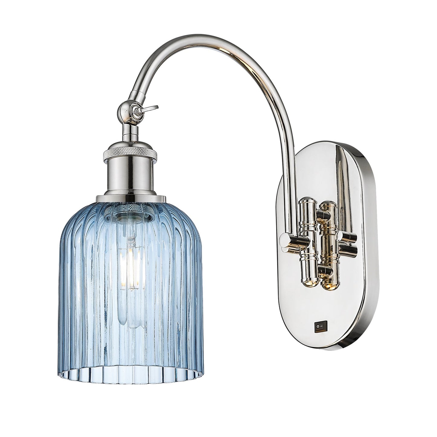 Innovations Bridal Veil 5in 1-Light Wall Sconce | Industrial Polished Nickel and Princess Blue Ribbed Glass | Bathroom & | Model 918-1W-PN-G559-5BL