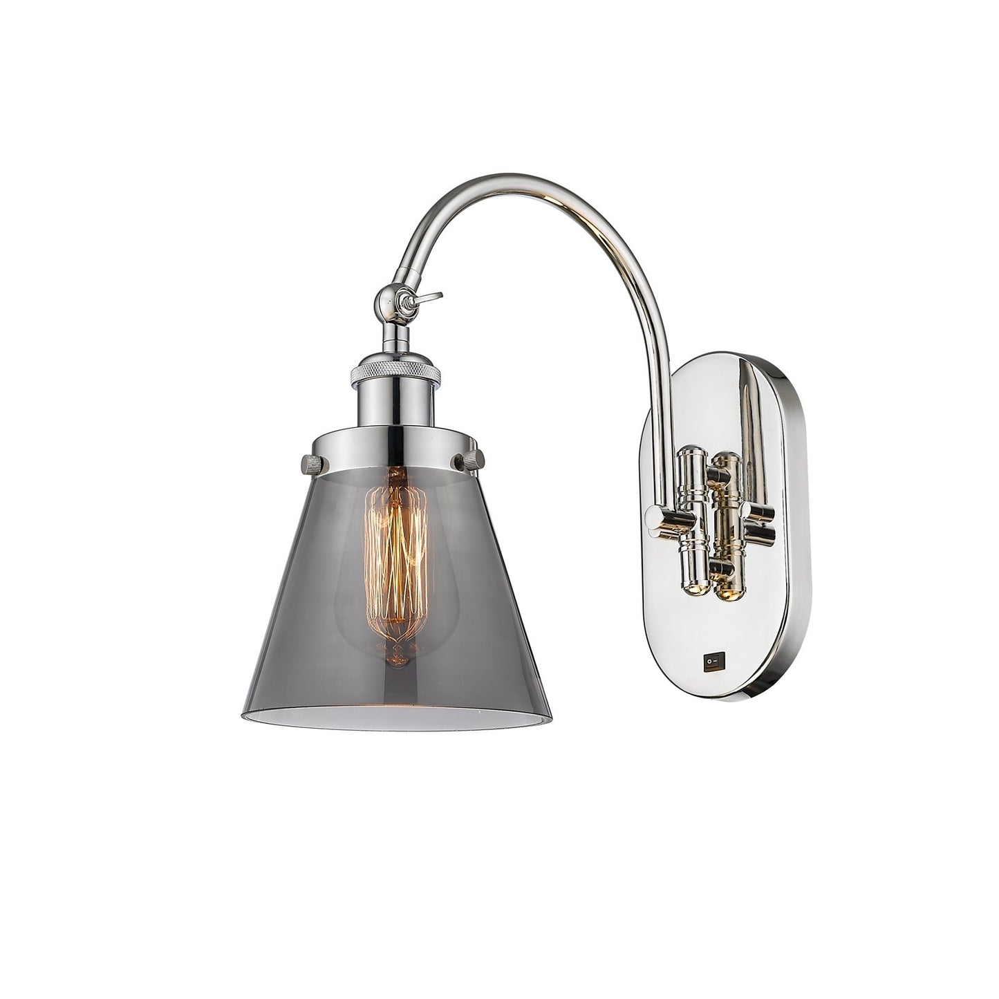 Innovations Cone 6.25in 1-Light Swing Arm Wall Sconce | Industrial Polished Nickel Steel and Light Smoke Glass | Bedroom & Living | Model 918-1W-PN-G63
