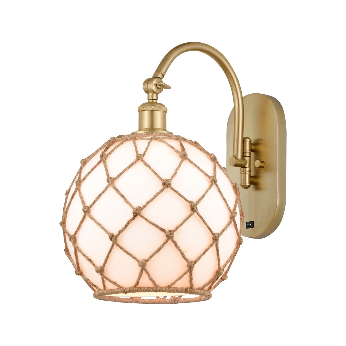 Innovations Farmhouse Rope 10in 1-Light Wall Sconce | Industrial Satin Gold Steel and Matte White Glass with Brown Rope | Model 918-1W-SG-G121-10RB